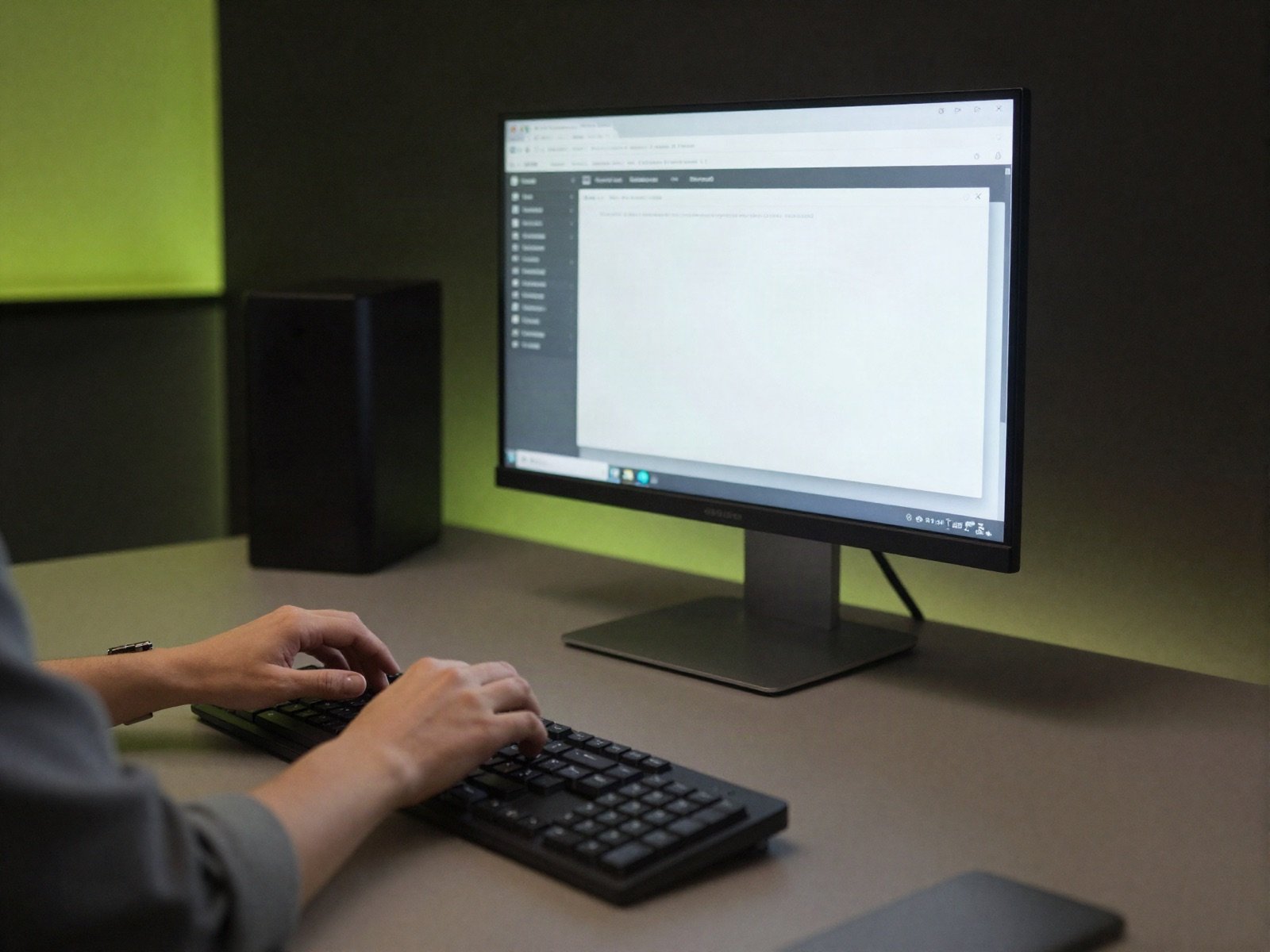 A web developer typing at a desk in a dark studio