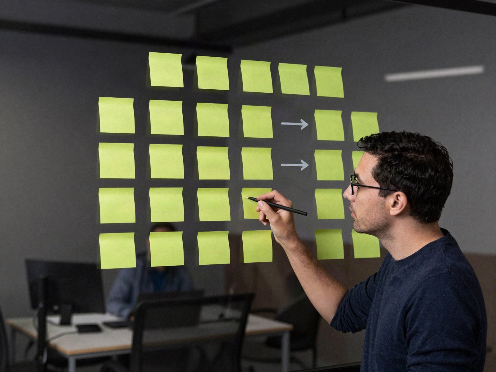 A founder mapping an app flow with sticky notes on a glass wall