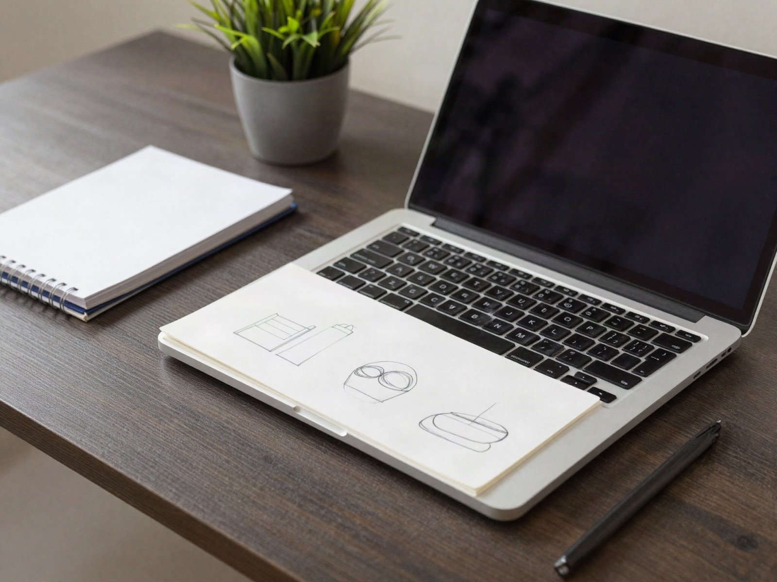 Designer workspace with laptop, sketchbook and plant