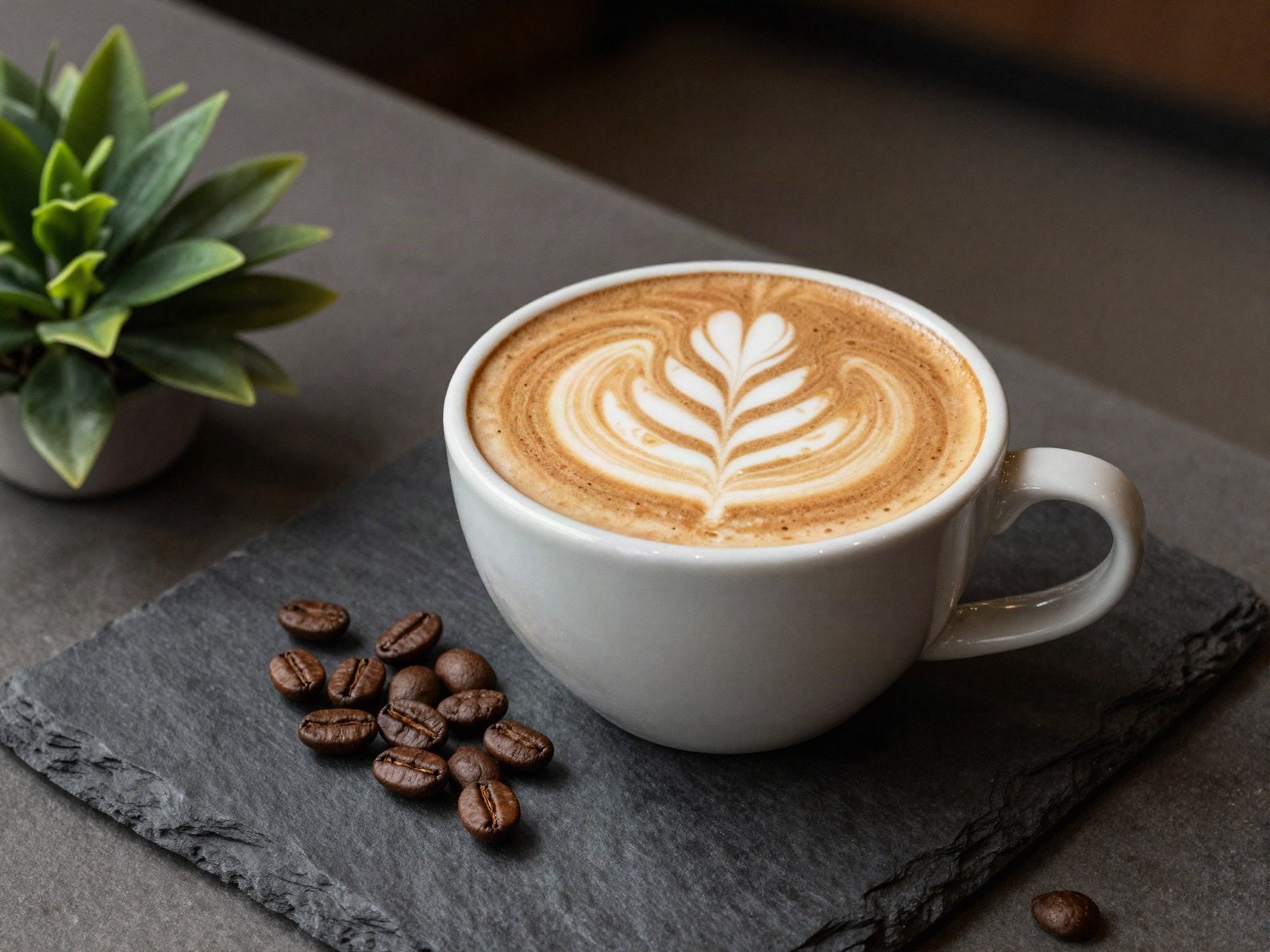 Latte with leaf art and coffee beans on a slate cafe counter