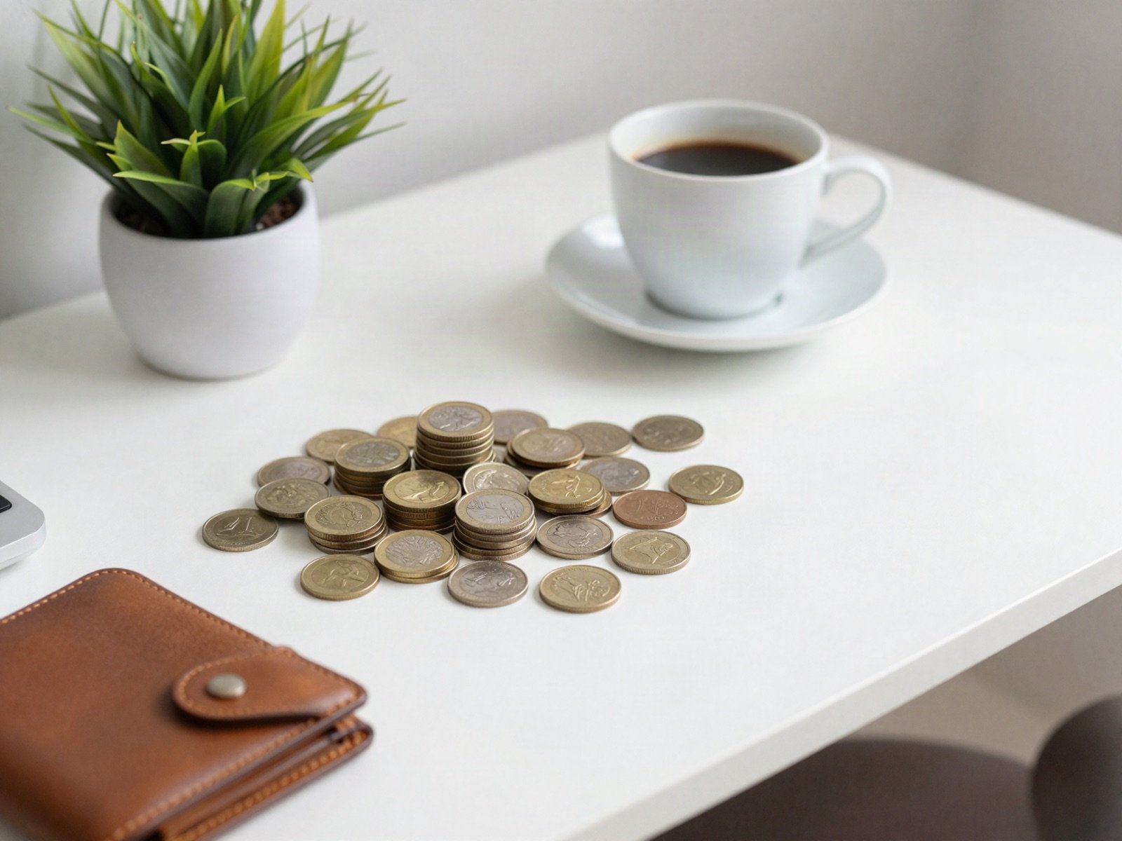 Coins, a leather wallet, a plant and coffee on a white desk