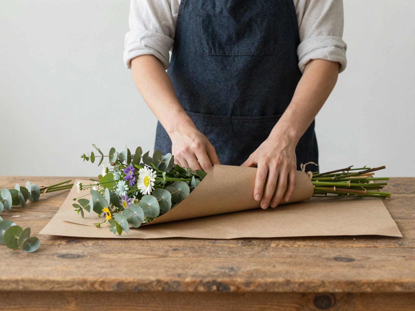 Florist wrapping a wildflower bouquet in kraft paper