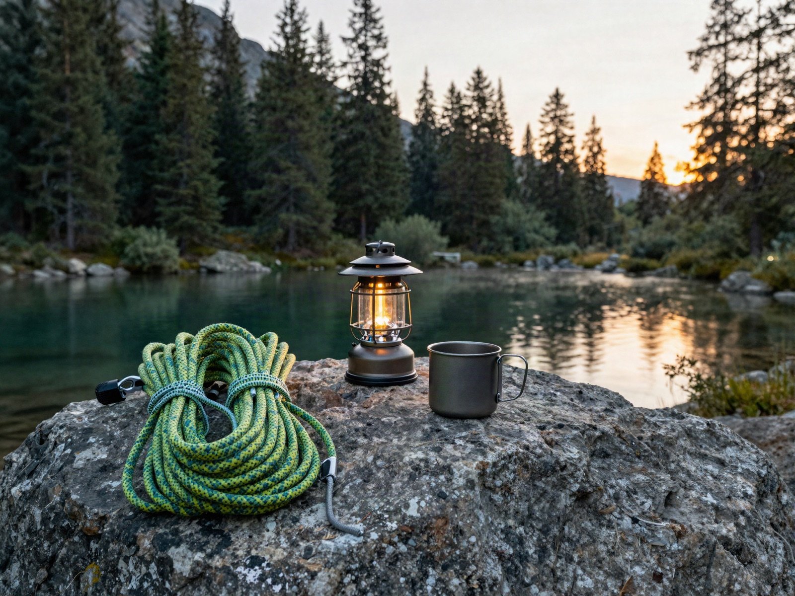 Climbing rope, lantern and tin mug on a rock by a mountain lake at sunrise