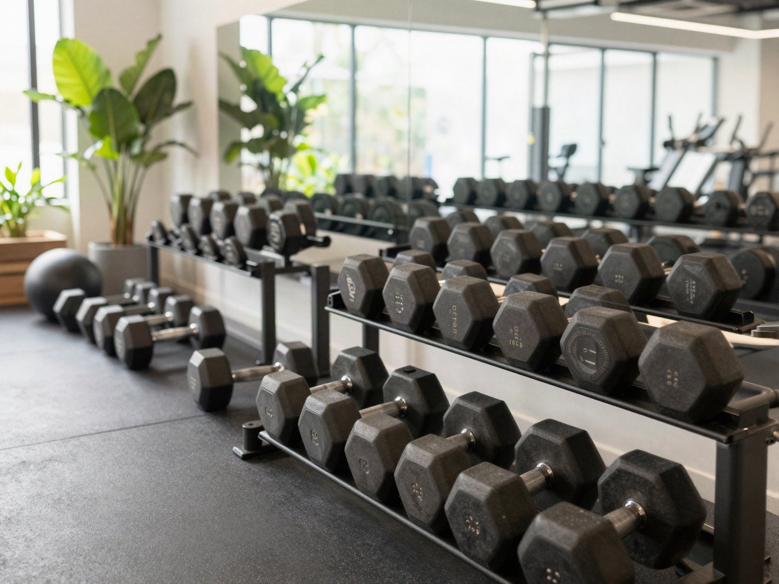 Bright fitness studio with racks of dumbbells and green plants