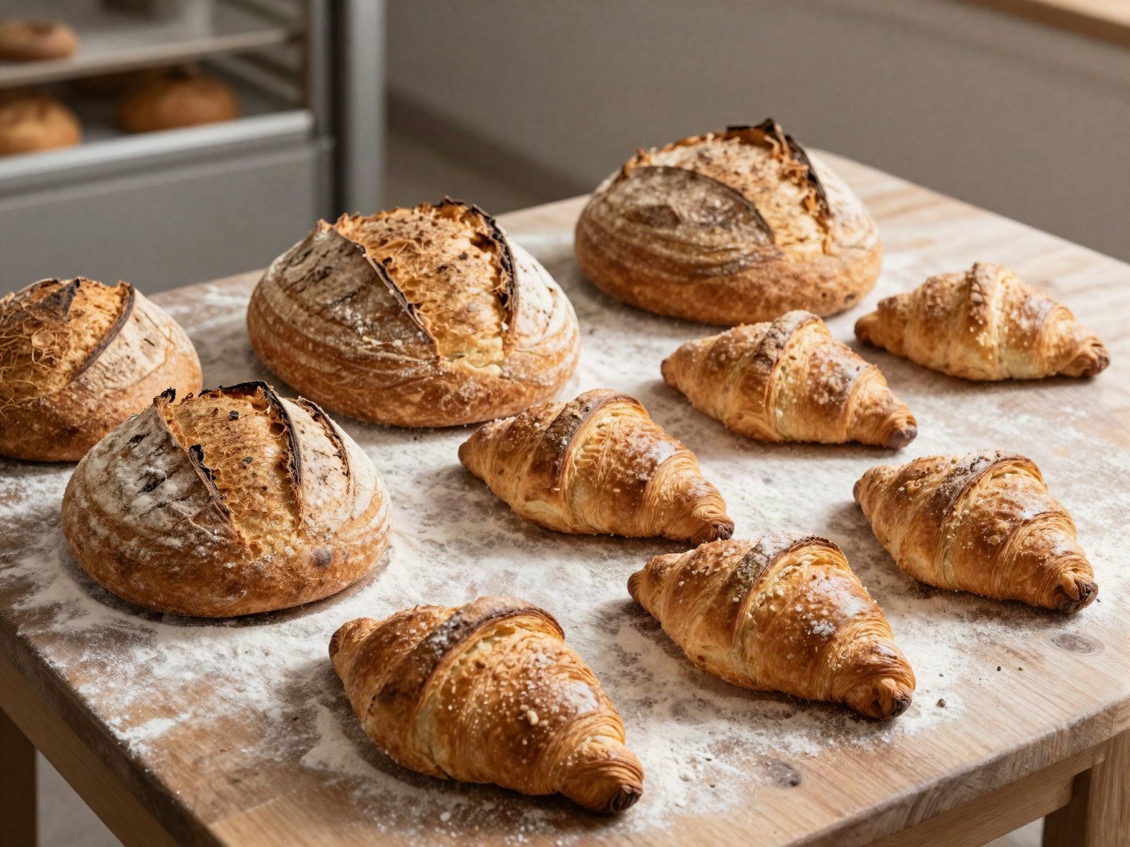 Sourdough loaves and croissants on a floured bakery counter