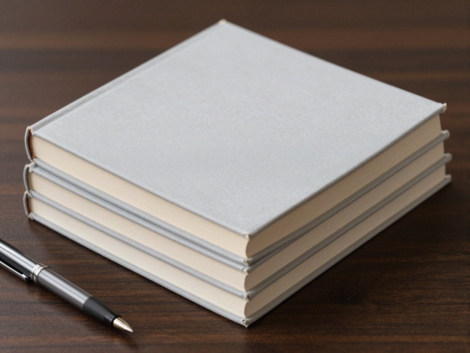 Stack of plain hardcover books and a fountain pen on a wooden desk