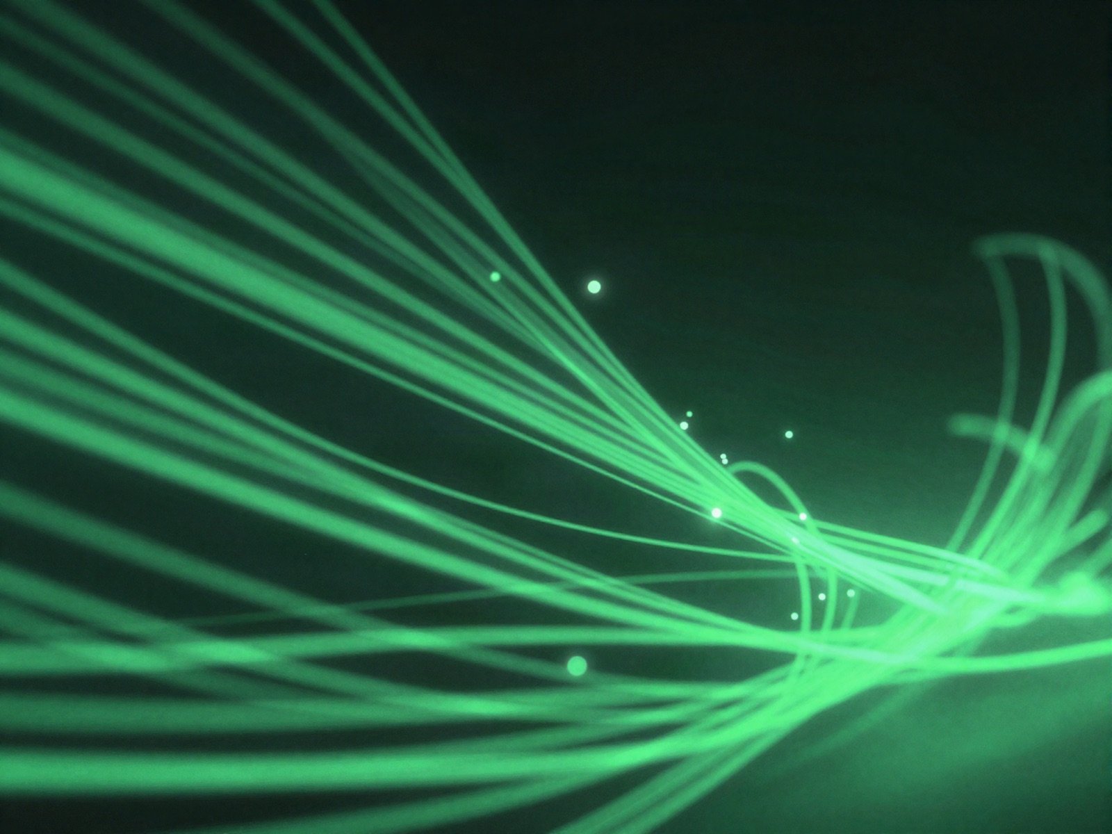 Glowing green data streams on a dark background