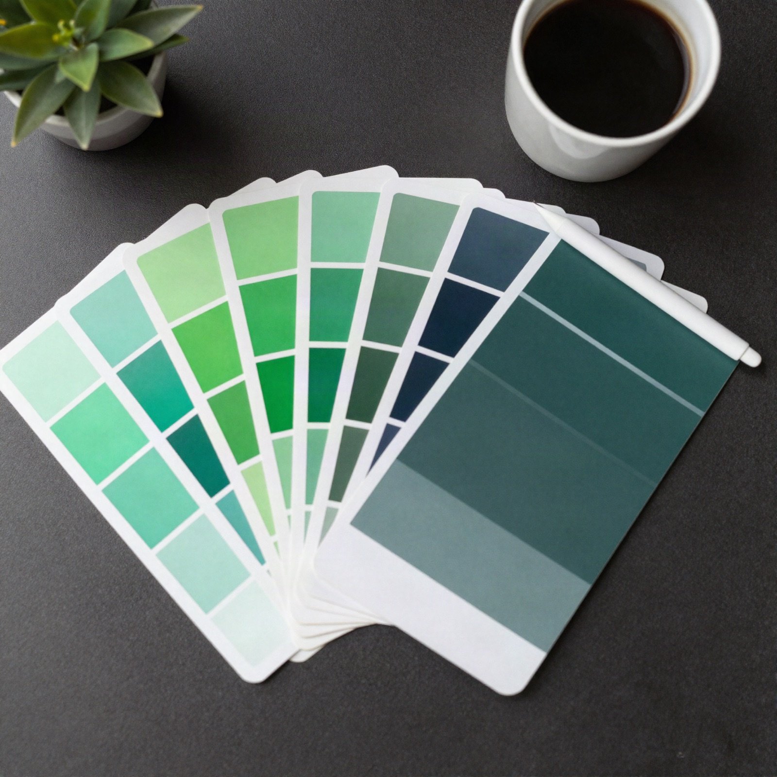 Fan of green colour swatch cards with a stylus, plant and coffee on a dark desk