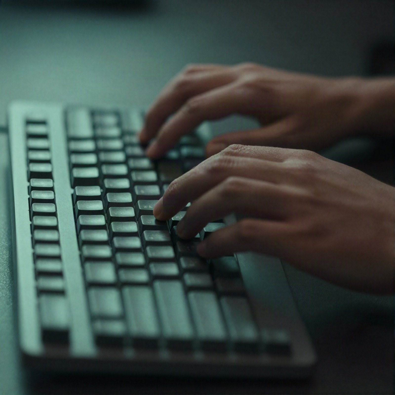 Hands typing on a keyboard in soft green light