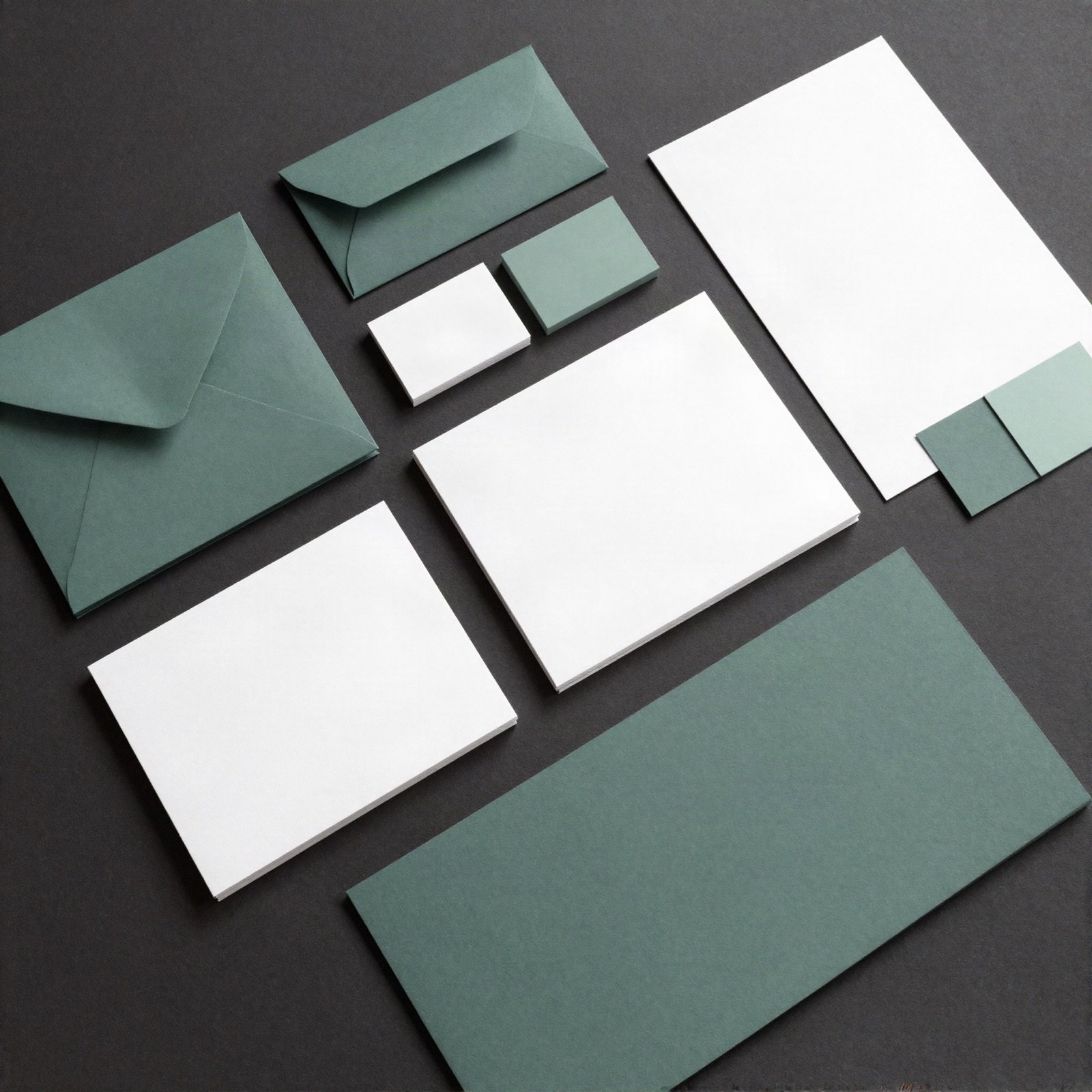 Blank stationery set of cards, envelopes and paper in green and white