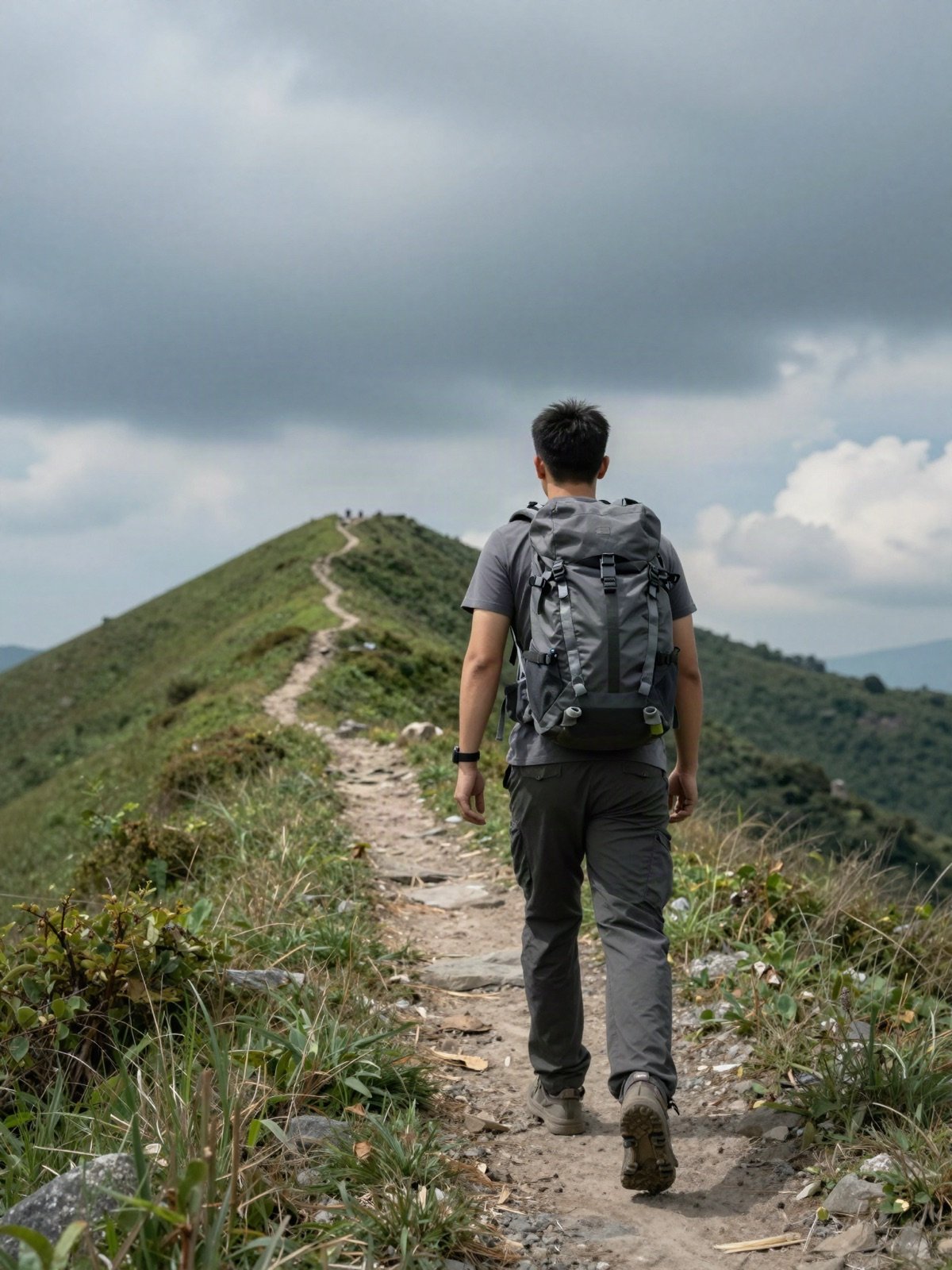 Hiker with a backpack walking a green mountain ridge trail