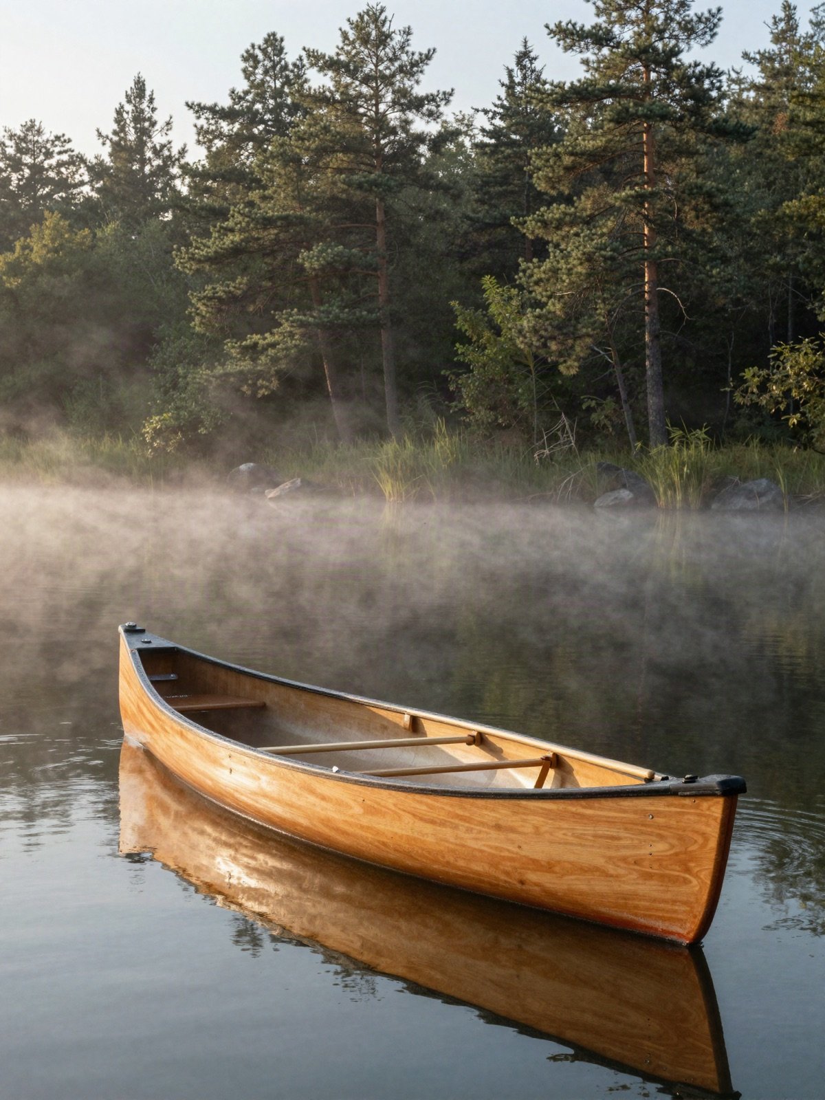 Wooden canoe on a misty lake lined with pines