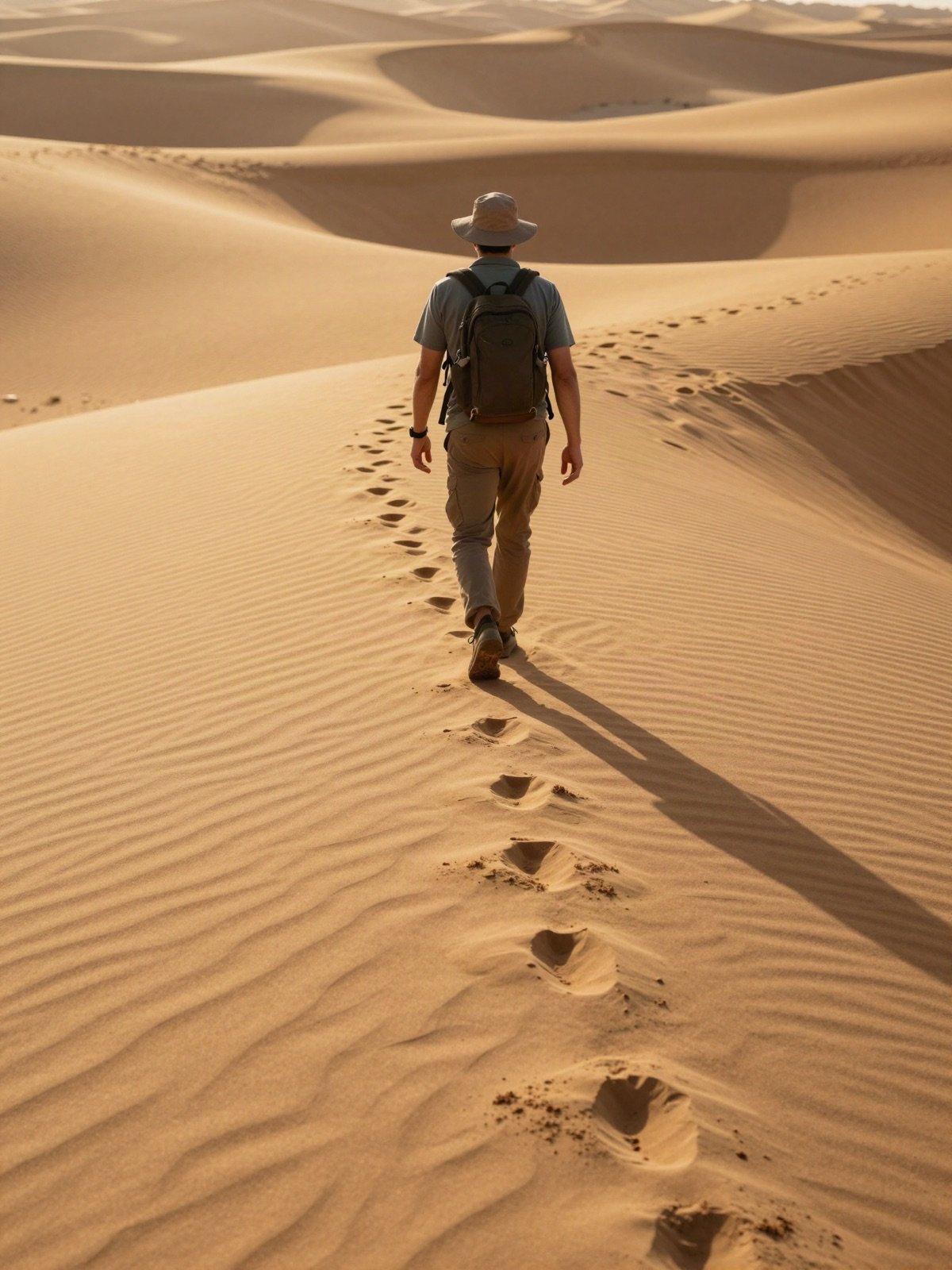 Traveller walking across golden sand dunes