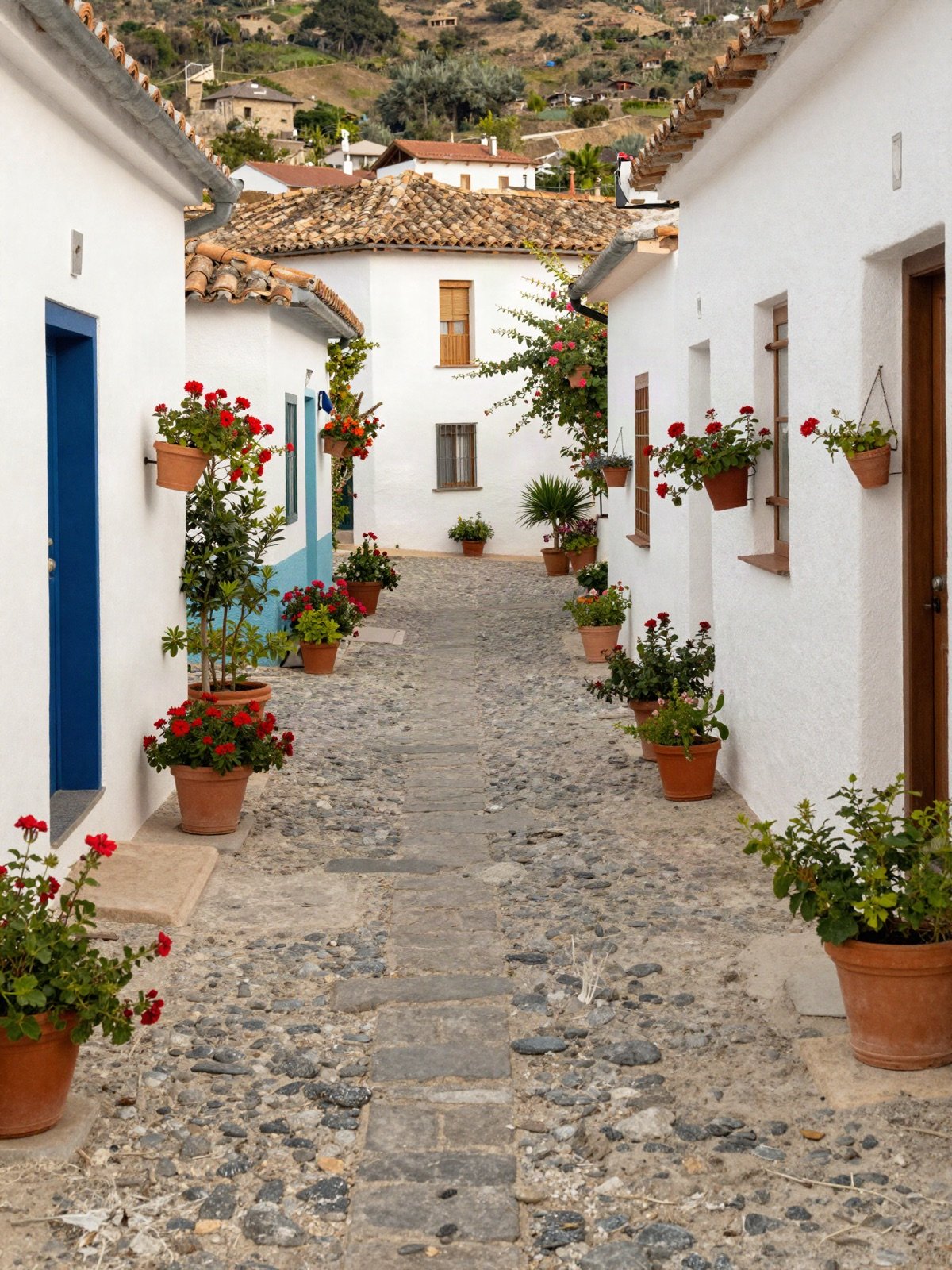 Cobbled village lane with whitewashed houses and flower pots