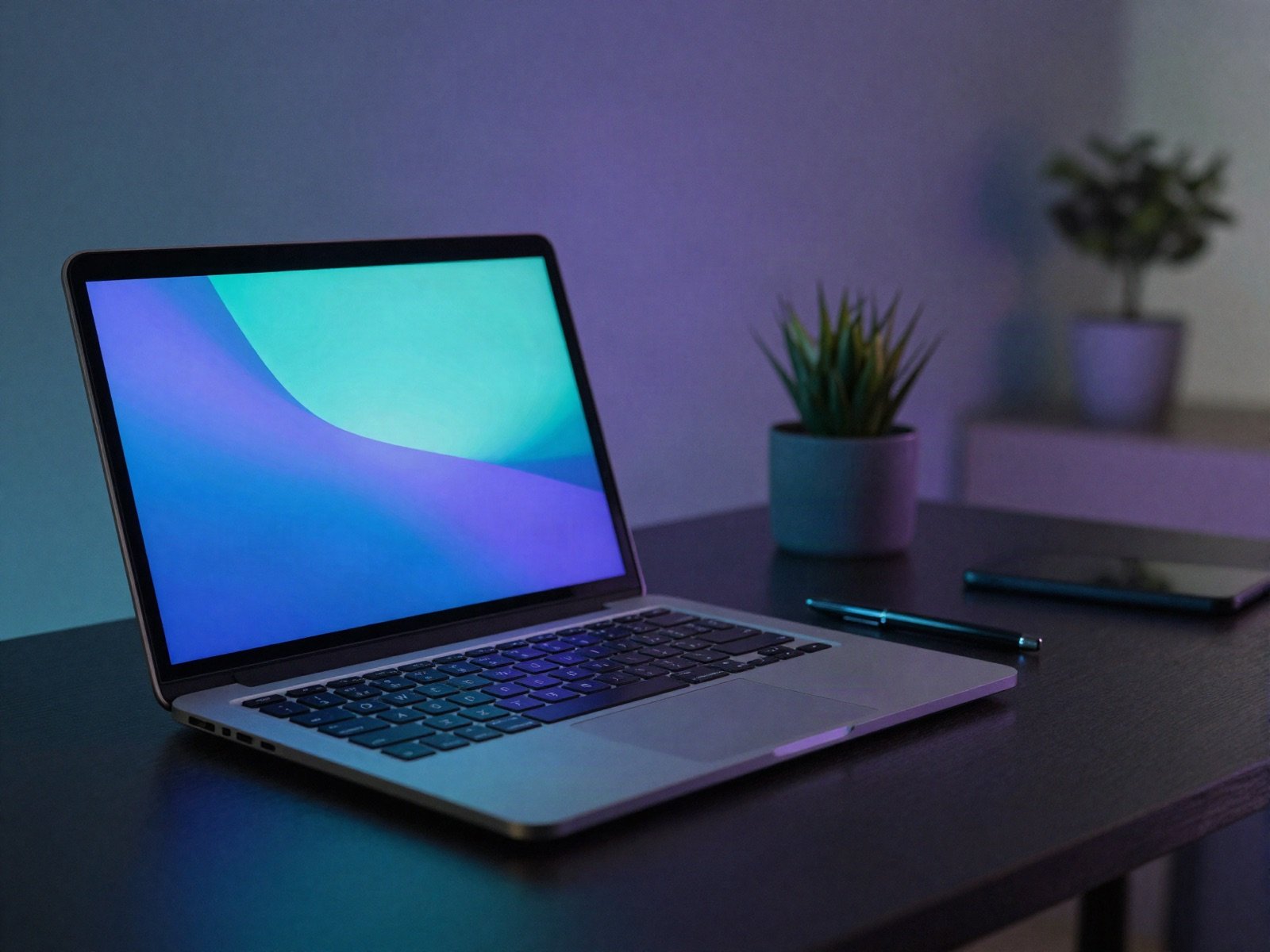 Laptop in a night-time home office with cyan light