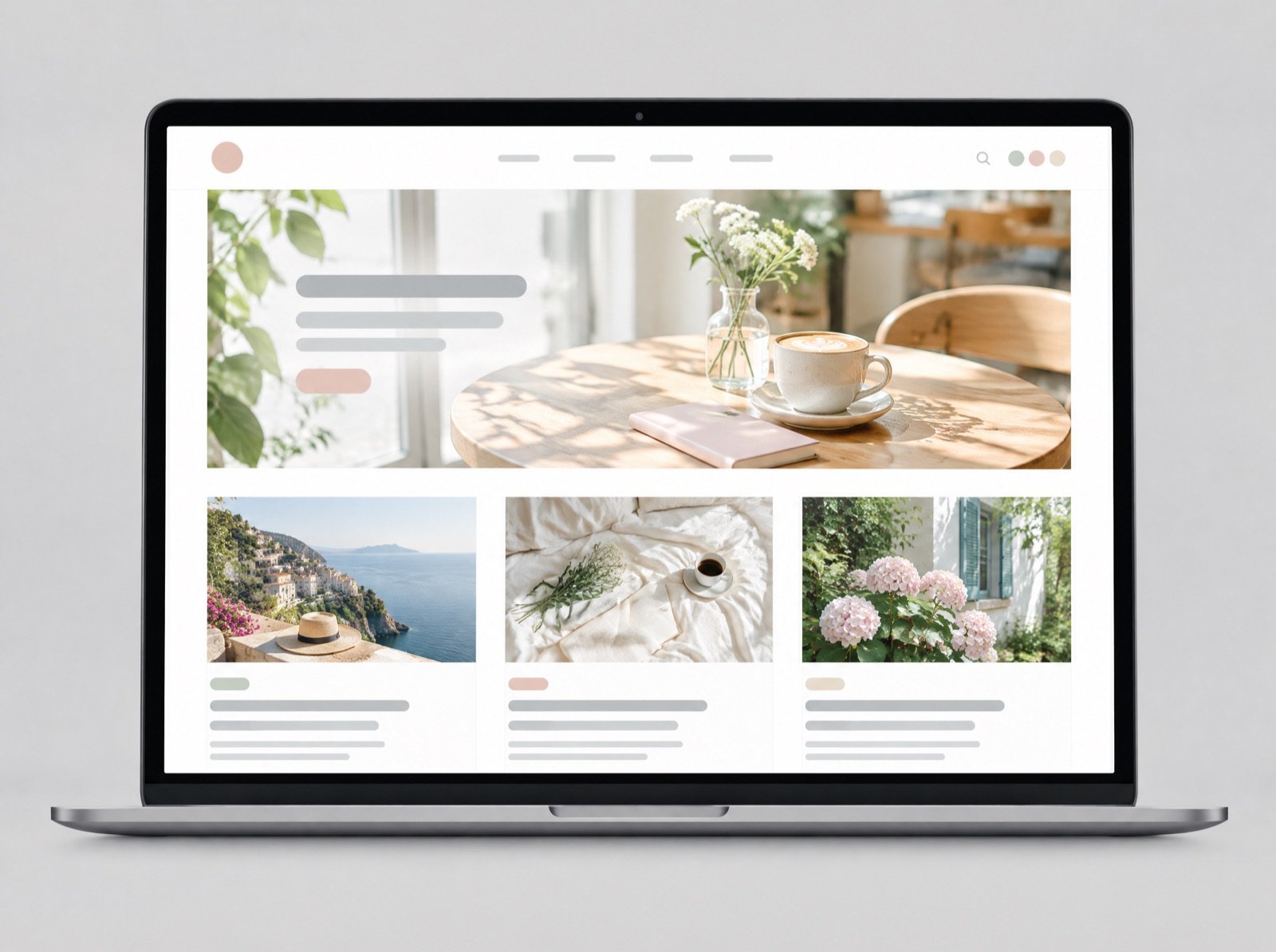 A laptop showing a light lifestyle blog design with a cafe photo and article cards