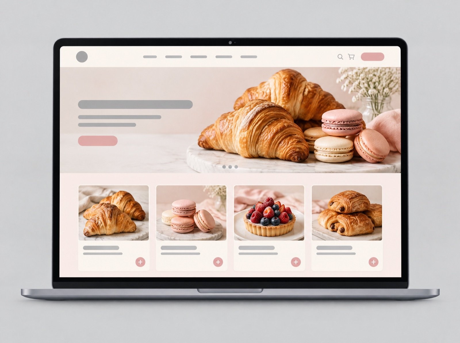 A laptop showing a soft pink bakery website with croissants and macarons