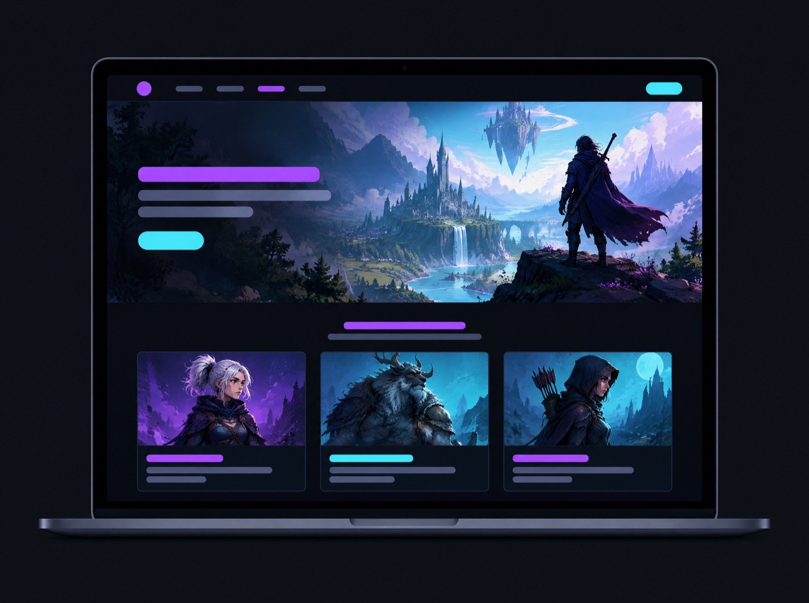 A laptop showing a dark game studio website with fantasy artwork