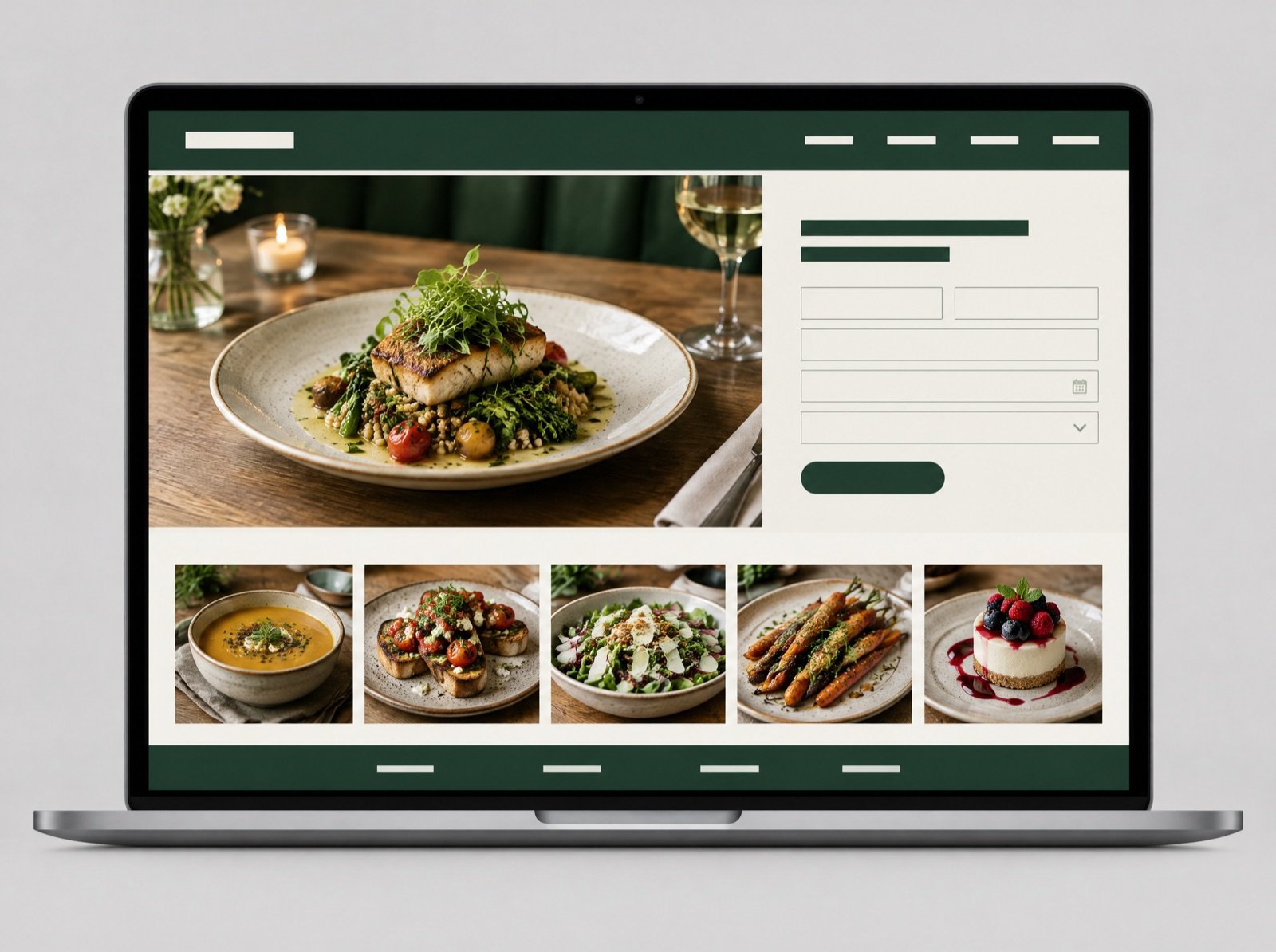 A laptop showing a green bistro website with a plated dish and a booking form