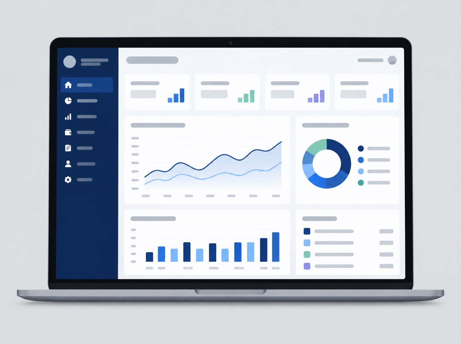 A laptop showing a finance client dashboard with line, bar and donut charts