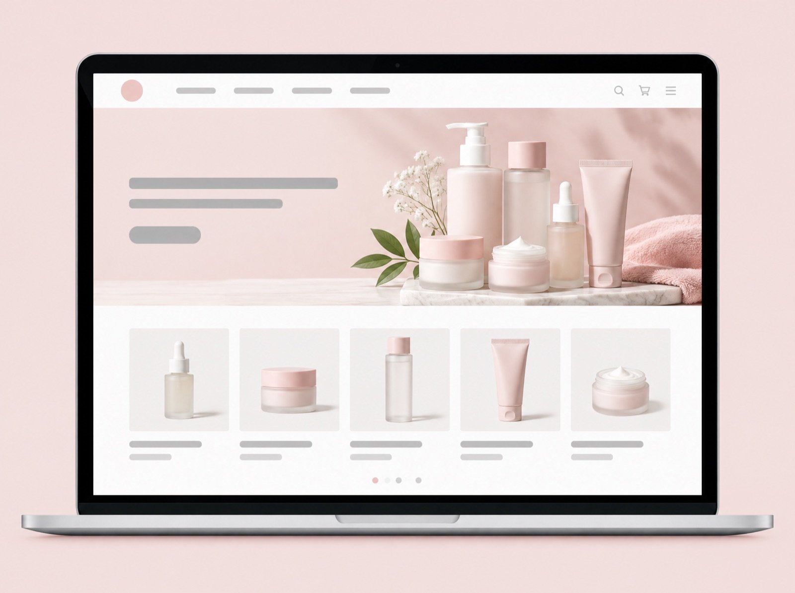 A laptop showing a pink skincare store with bottles and jars