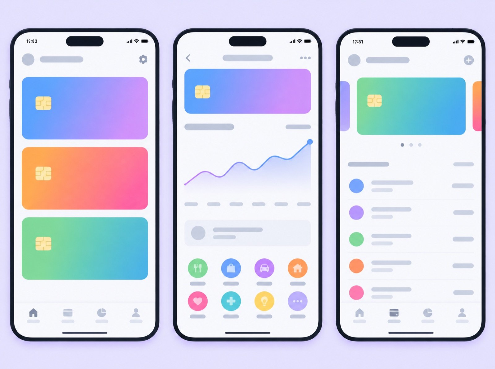 Three phone screens of a wallet app with gradient payment cards and a spending chart