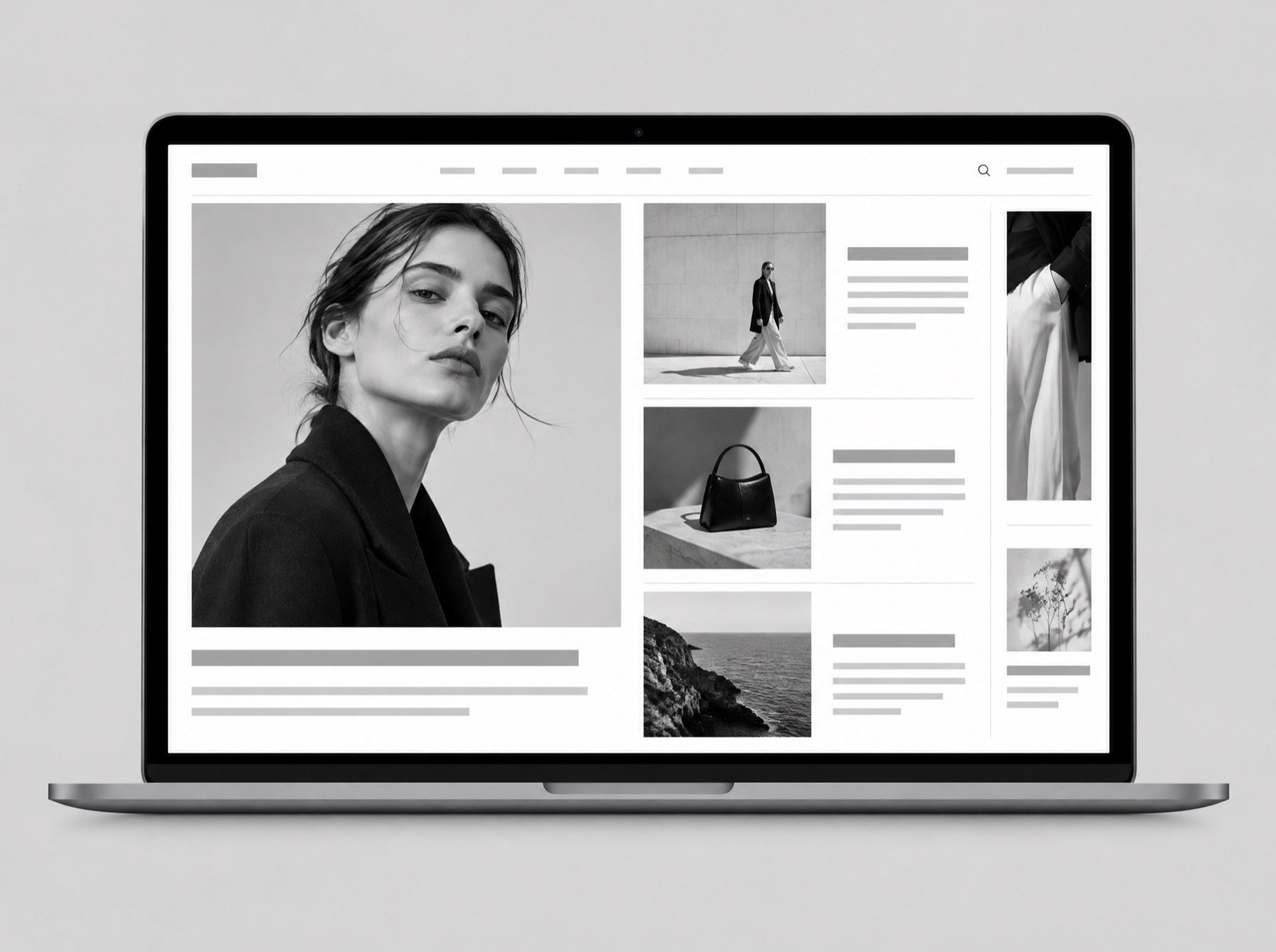 A laptop showing a black and white online magazine layout