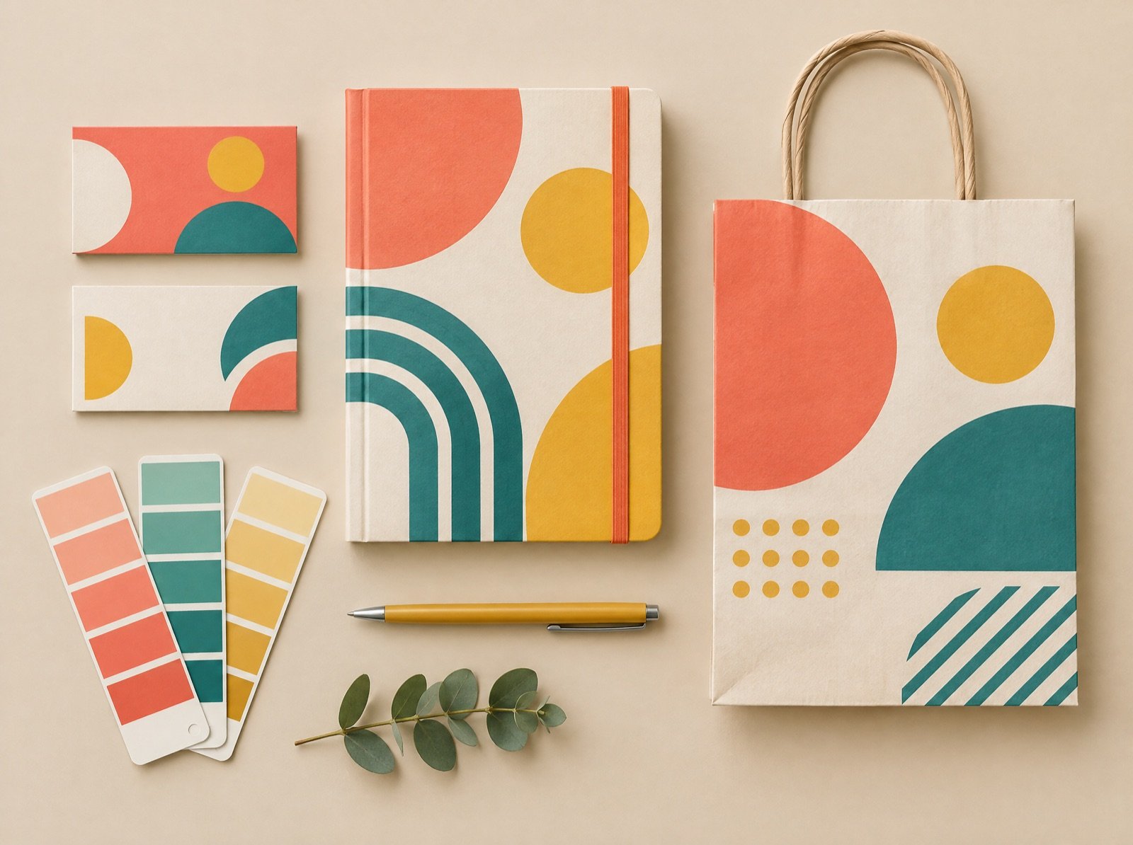 Brand identity flat lay with cards, a notebook and a bag in coral, teal and mustard