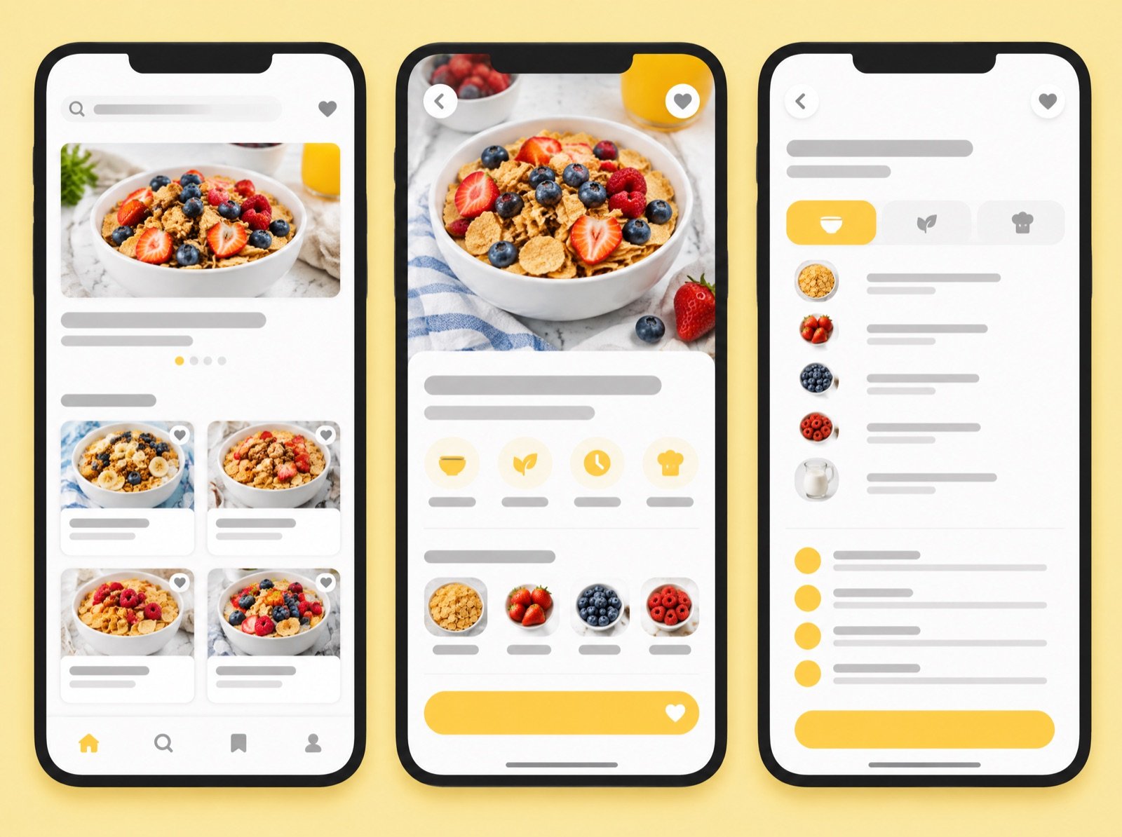 Three phone screens of a breakfast recipe app with cereal bowls and berries