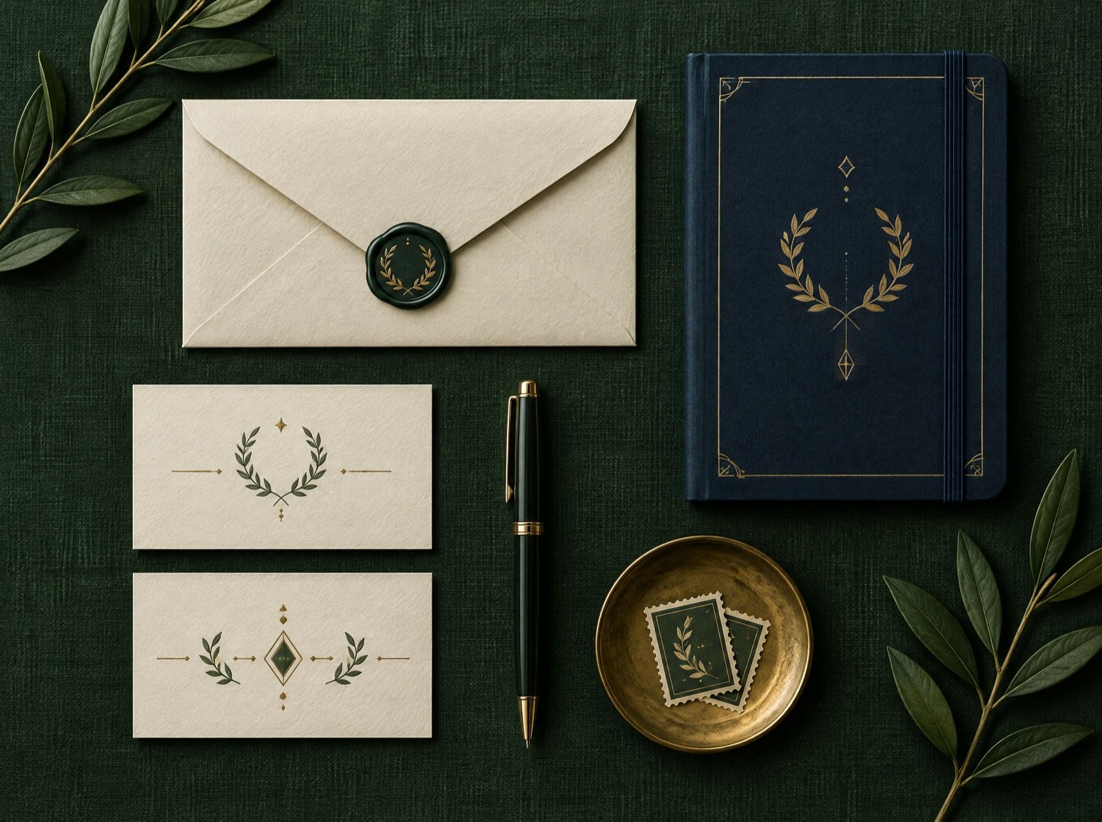 Classic stationery set with a wax-sealed envelope, cards and a navy notebook on green linen