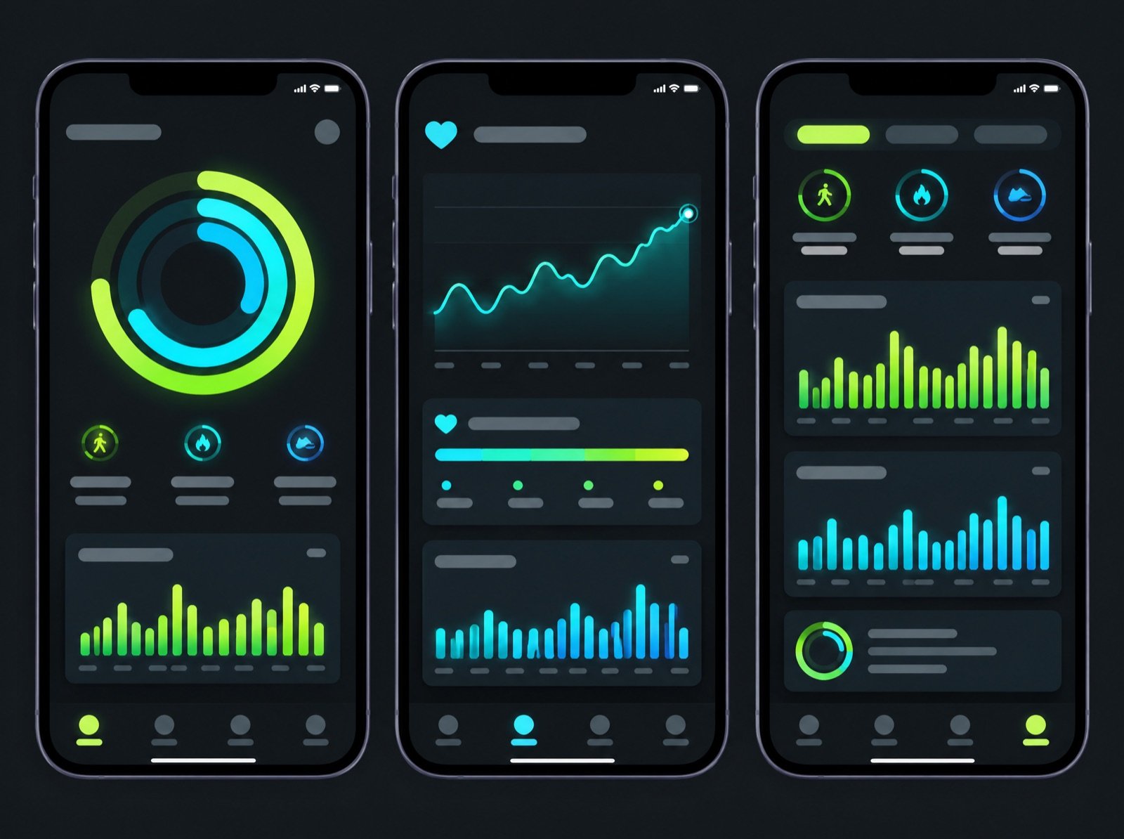 Three phone screens of a fitness tracker app with activity rings and charts