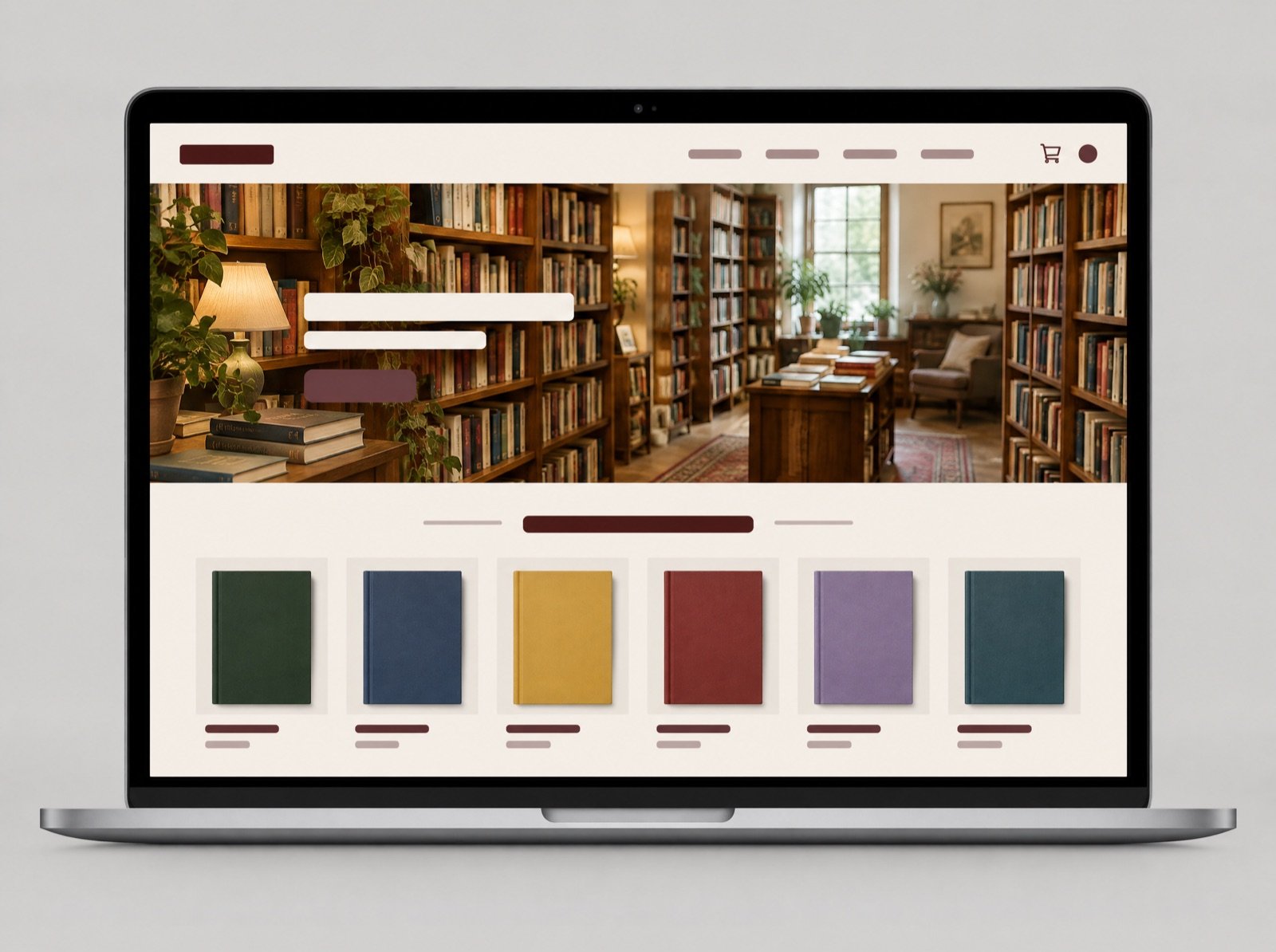A laptop showing a bookshop website with a photo of cosy bookshelves