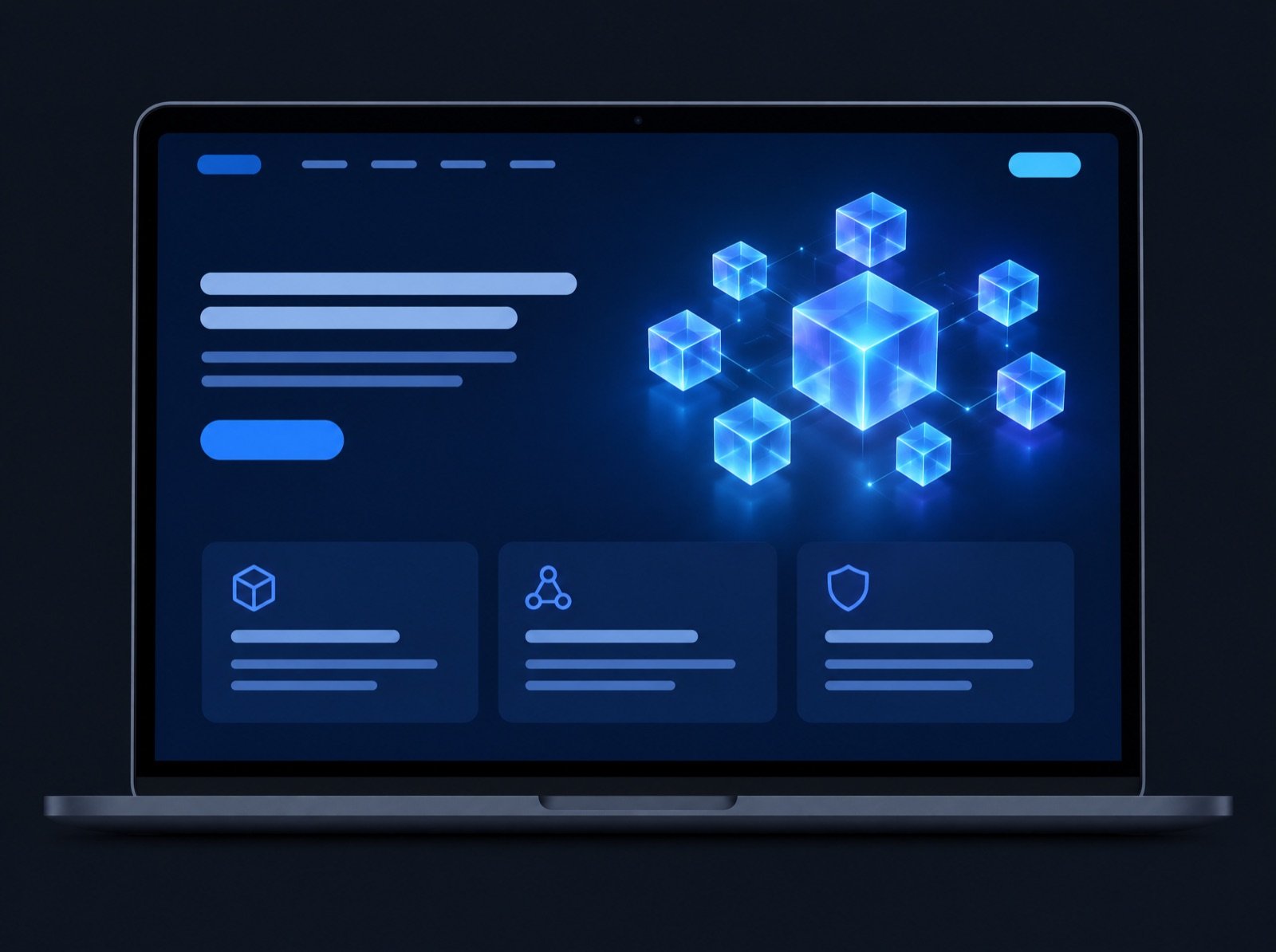 A laptop showing a dark blue tech landing page with glowing connected cubes