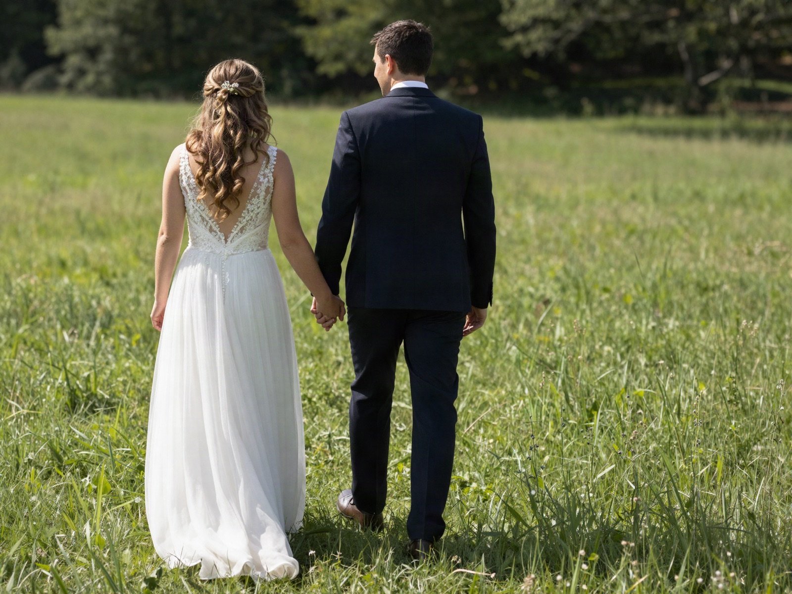 Bride and groom walking hand in hand through a meadow