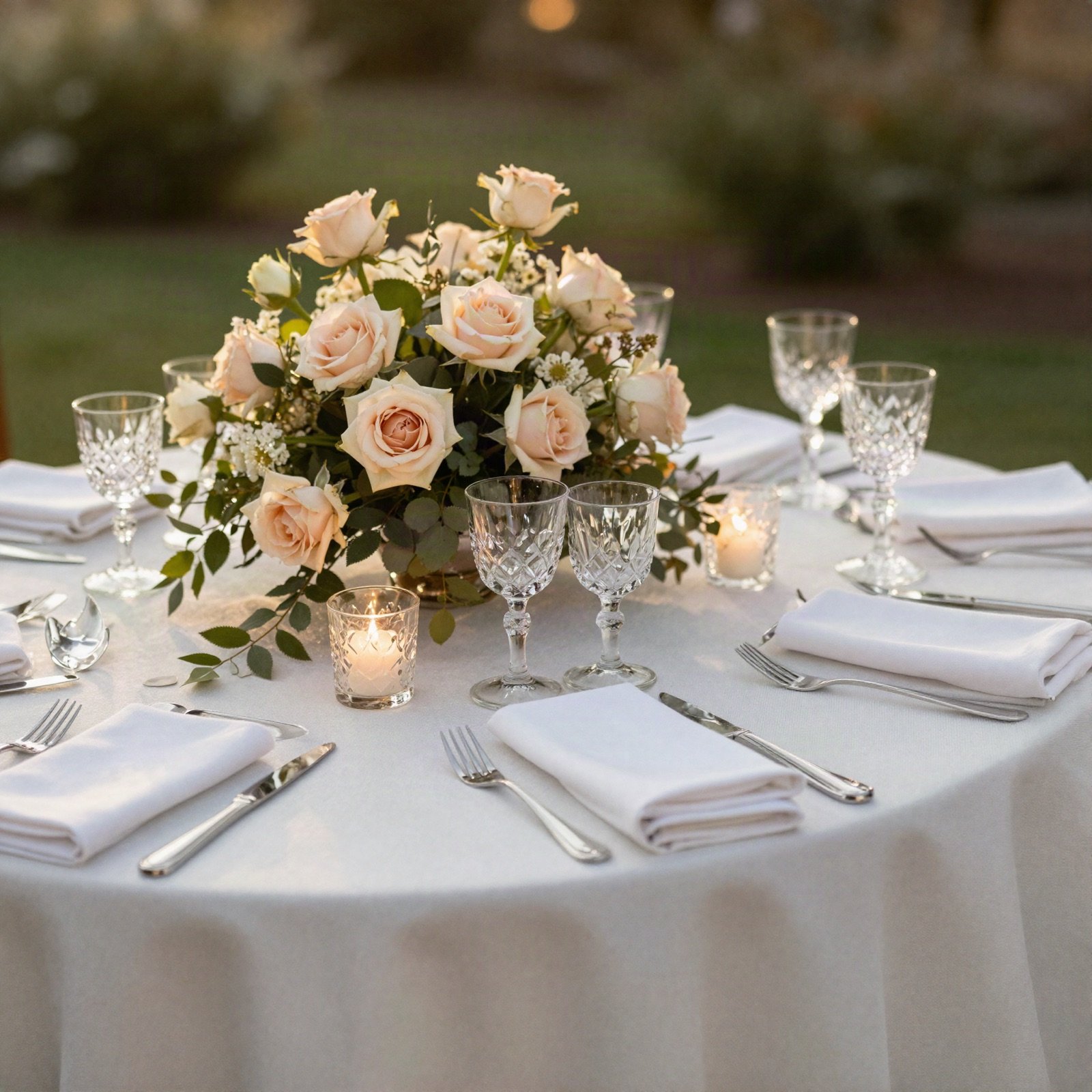 Reception table with a blush rose centrepiece and candles in the garden