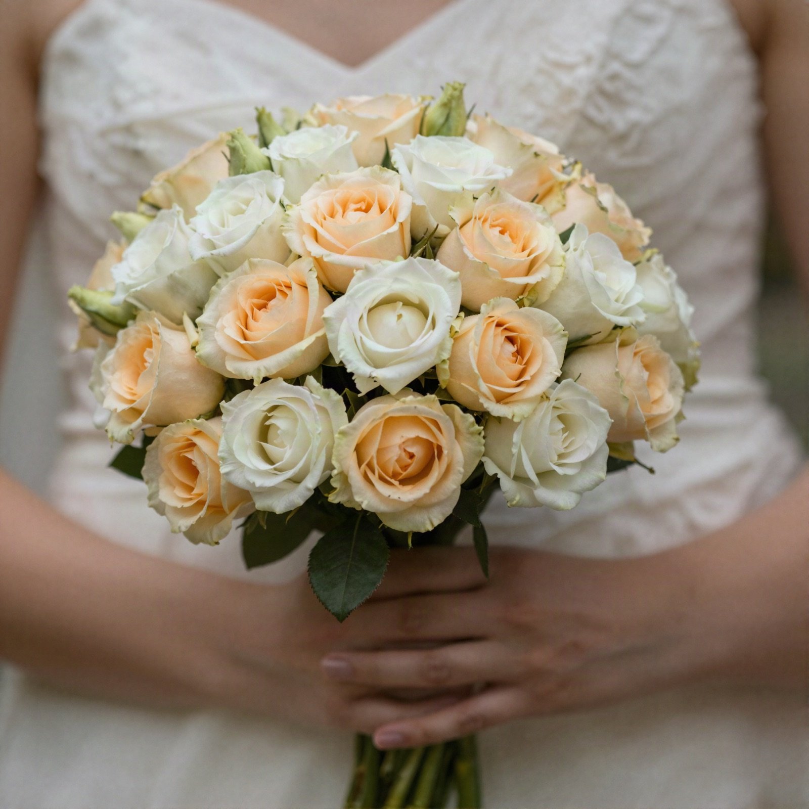 Bride holding a bouquet of peach and white roses