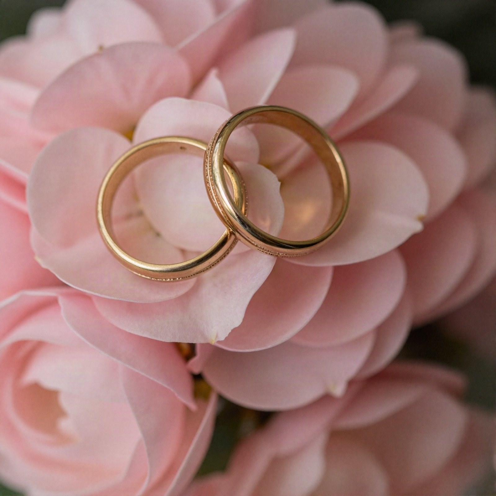Two gold wedding rings resting on pink flower petals