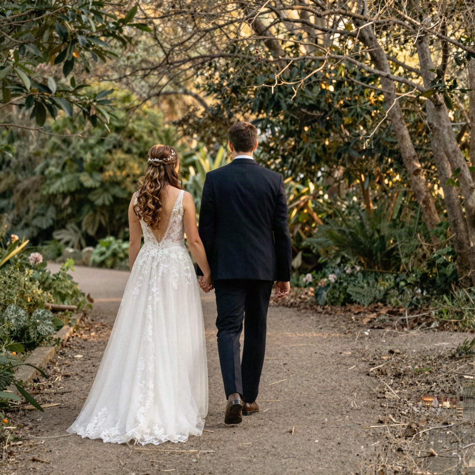 Bride and groom walking hand in hand along a garden path