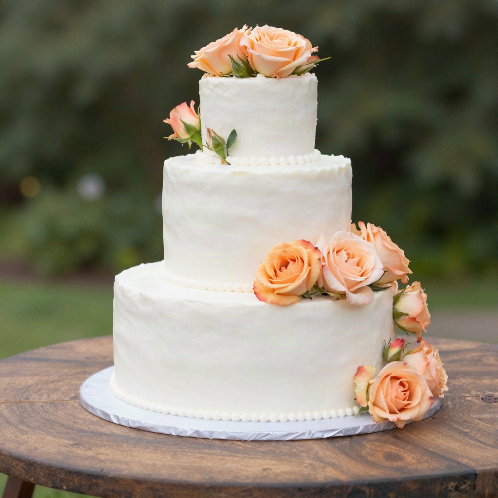 Three-tier white wedding cake decorated with peach roses