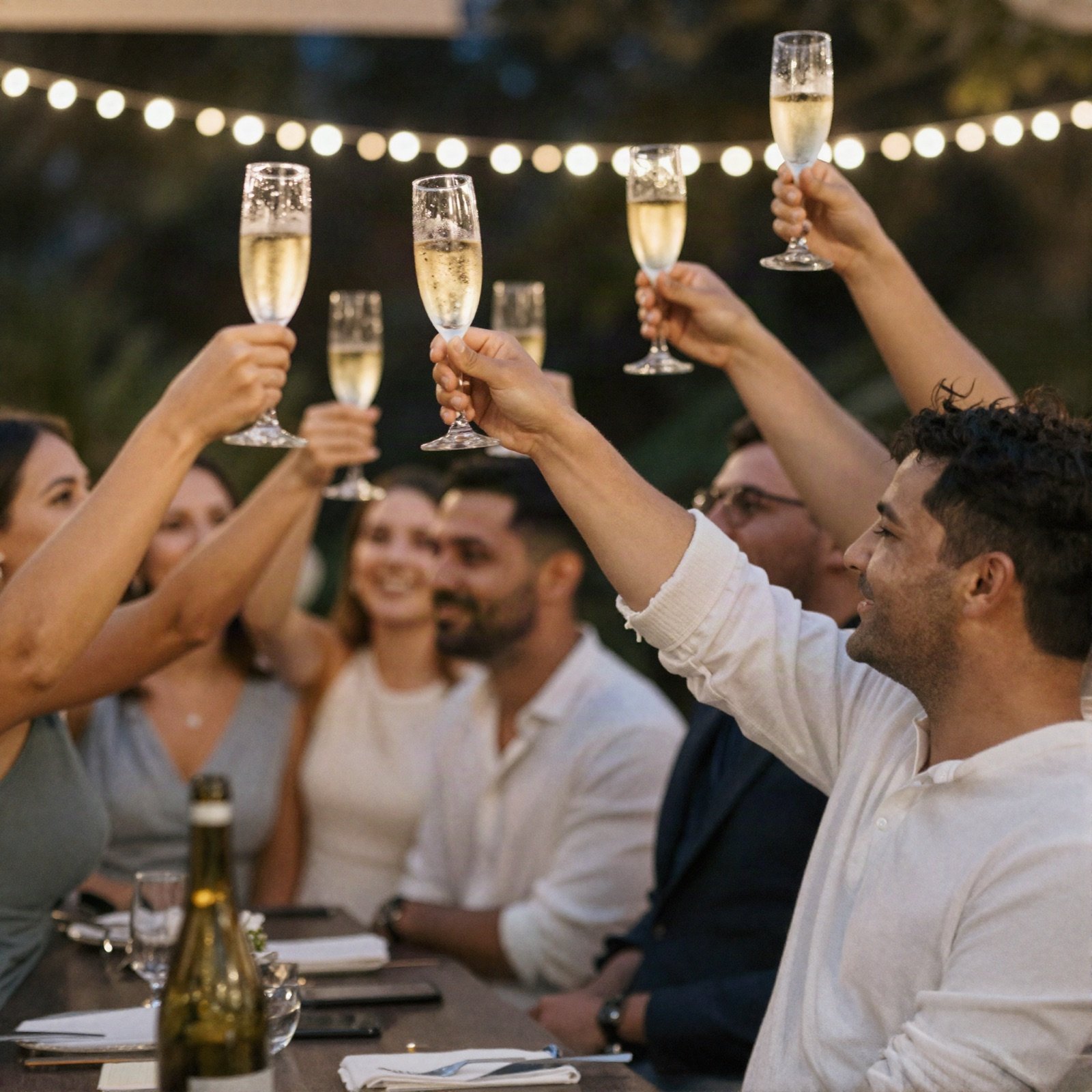 Guests raising champagne glasses under string lights