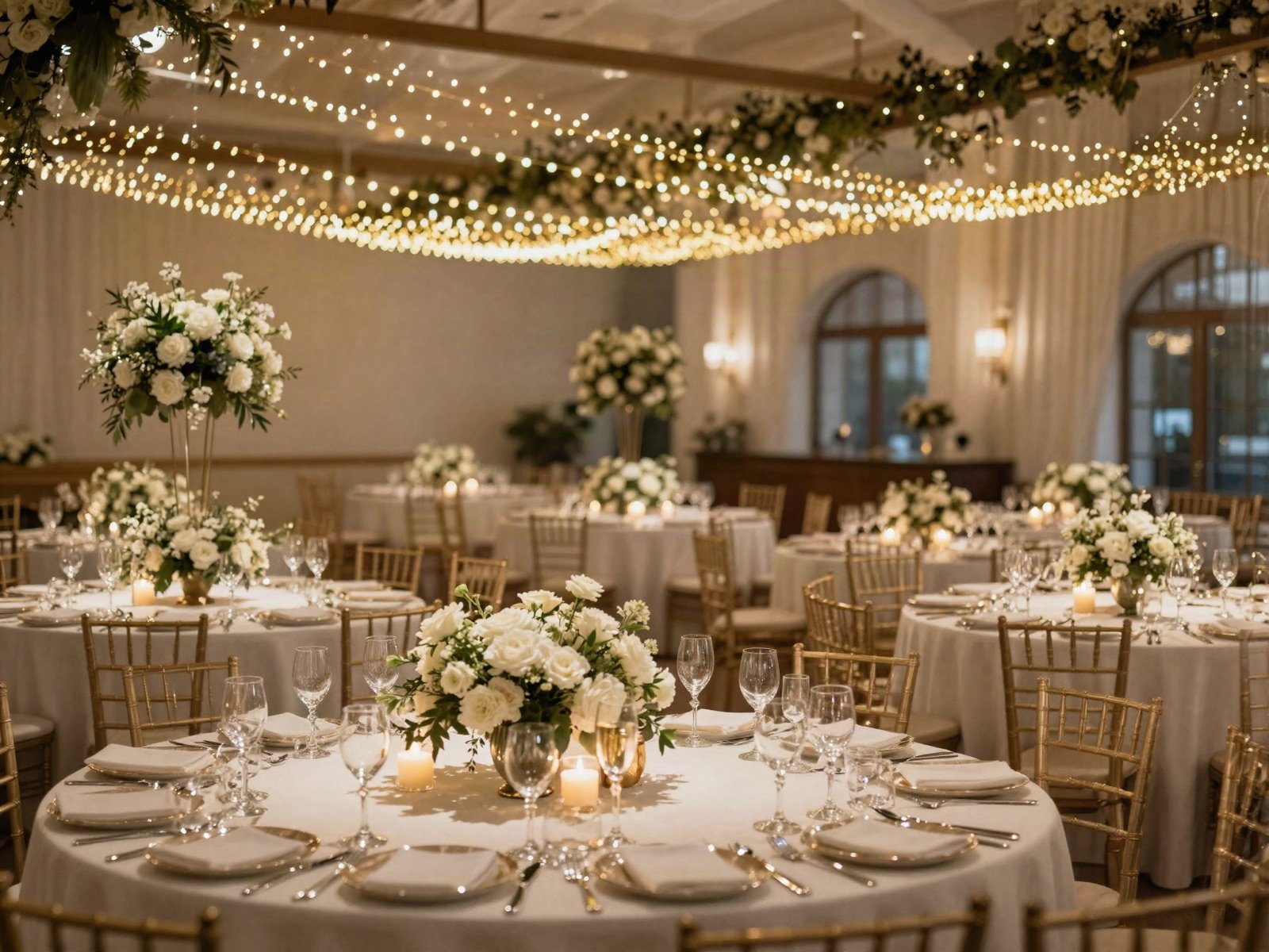 The wedding reception hall with flowers, candles and string lights