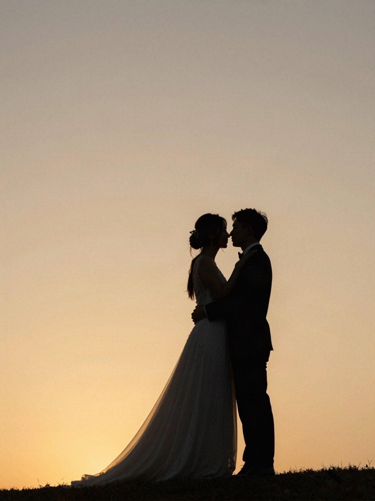 The bride and groom silhouetted against a sunset sky