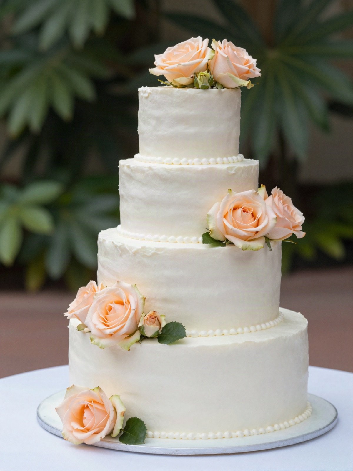 A tiered wedding cake decorated with peach roses
