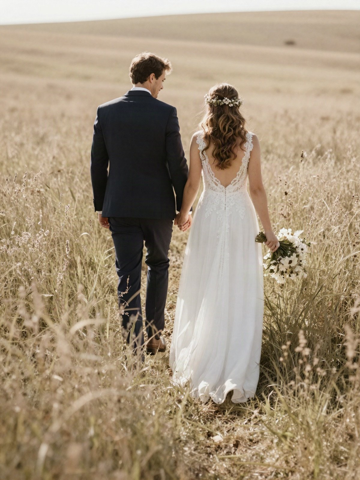 Bride and groom walking hand in hand through a golden meadow