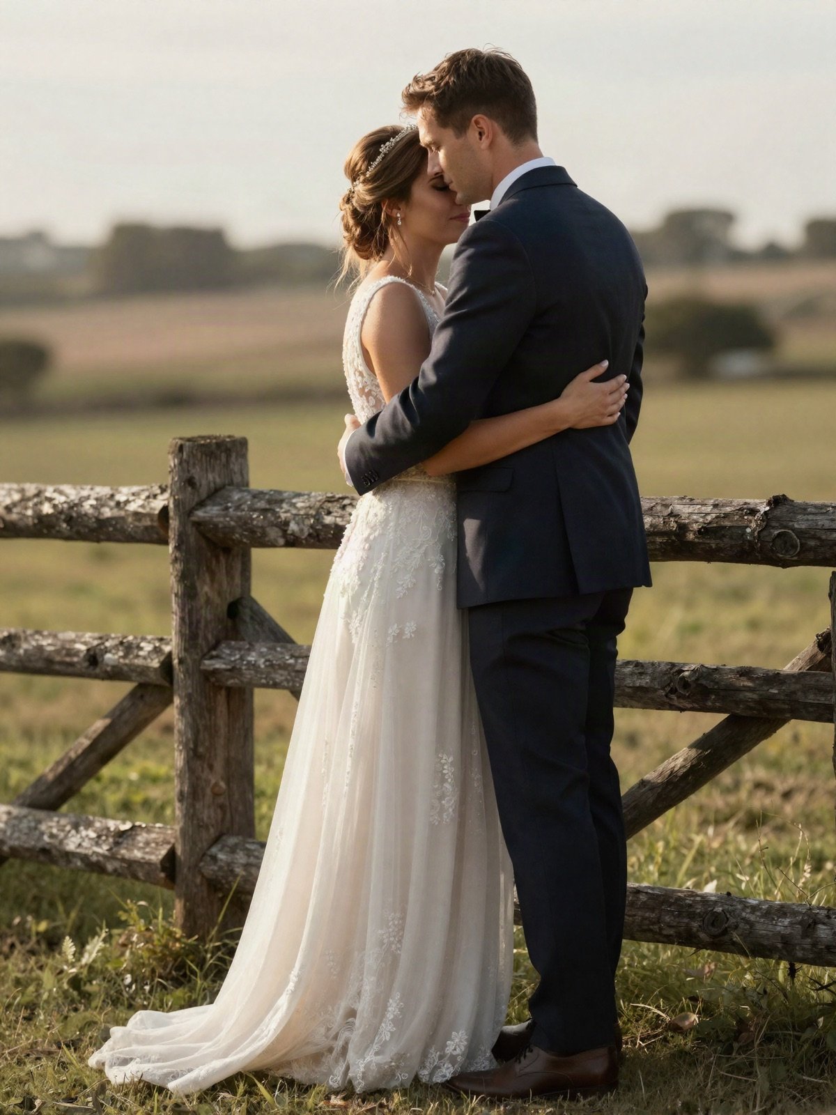 Bride and groom embracing by a wooden fence in the countryside