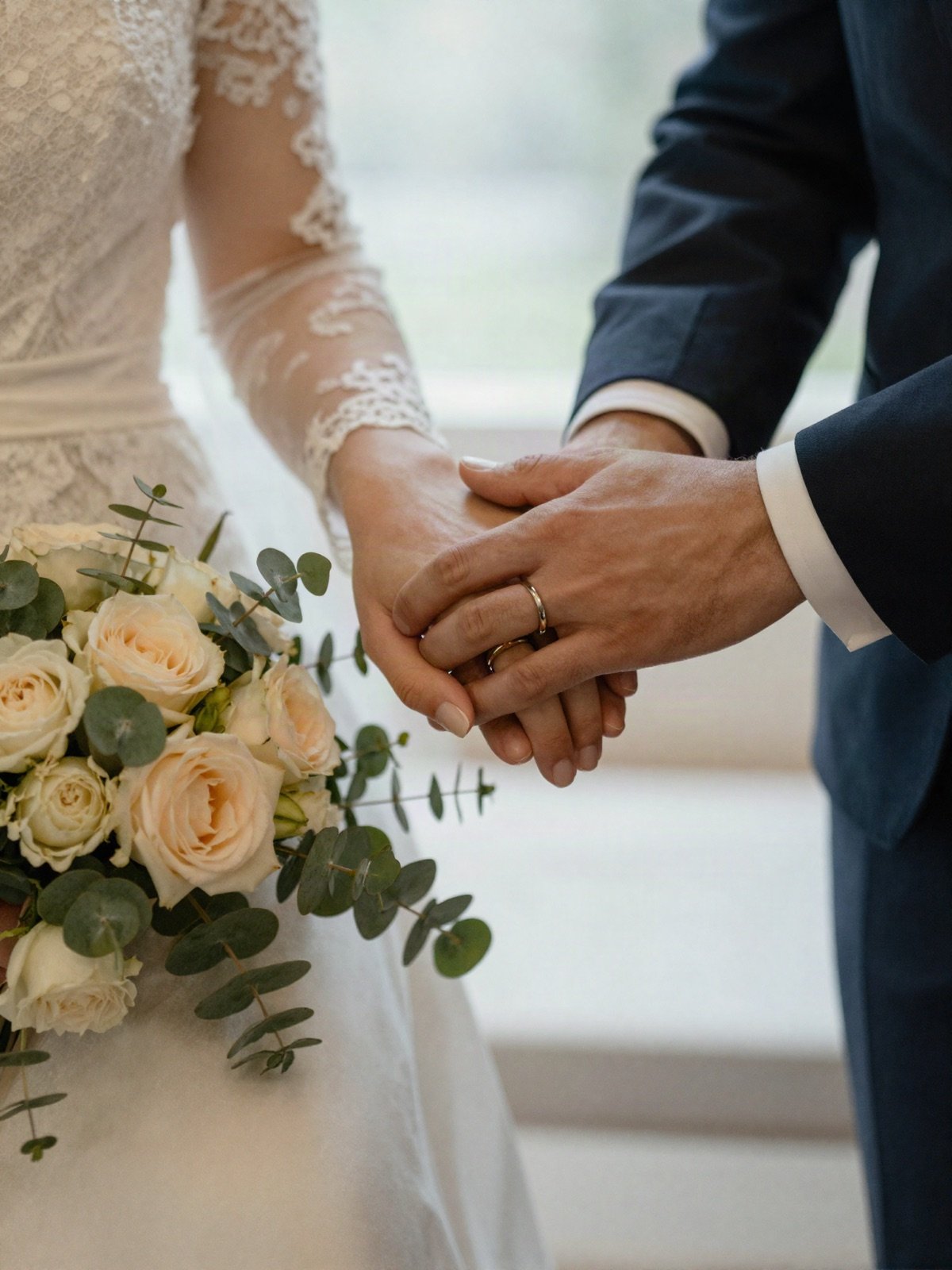 Bride and groom holding hands beside a bouquet of cream roses