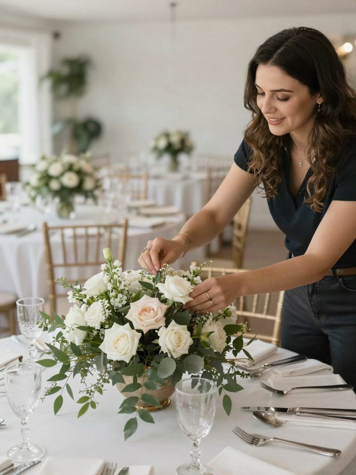 Wedding planner arranging a floral centrepiece