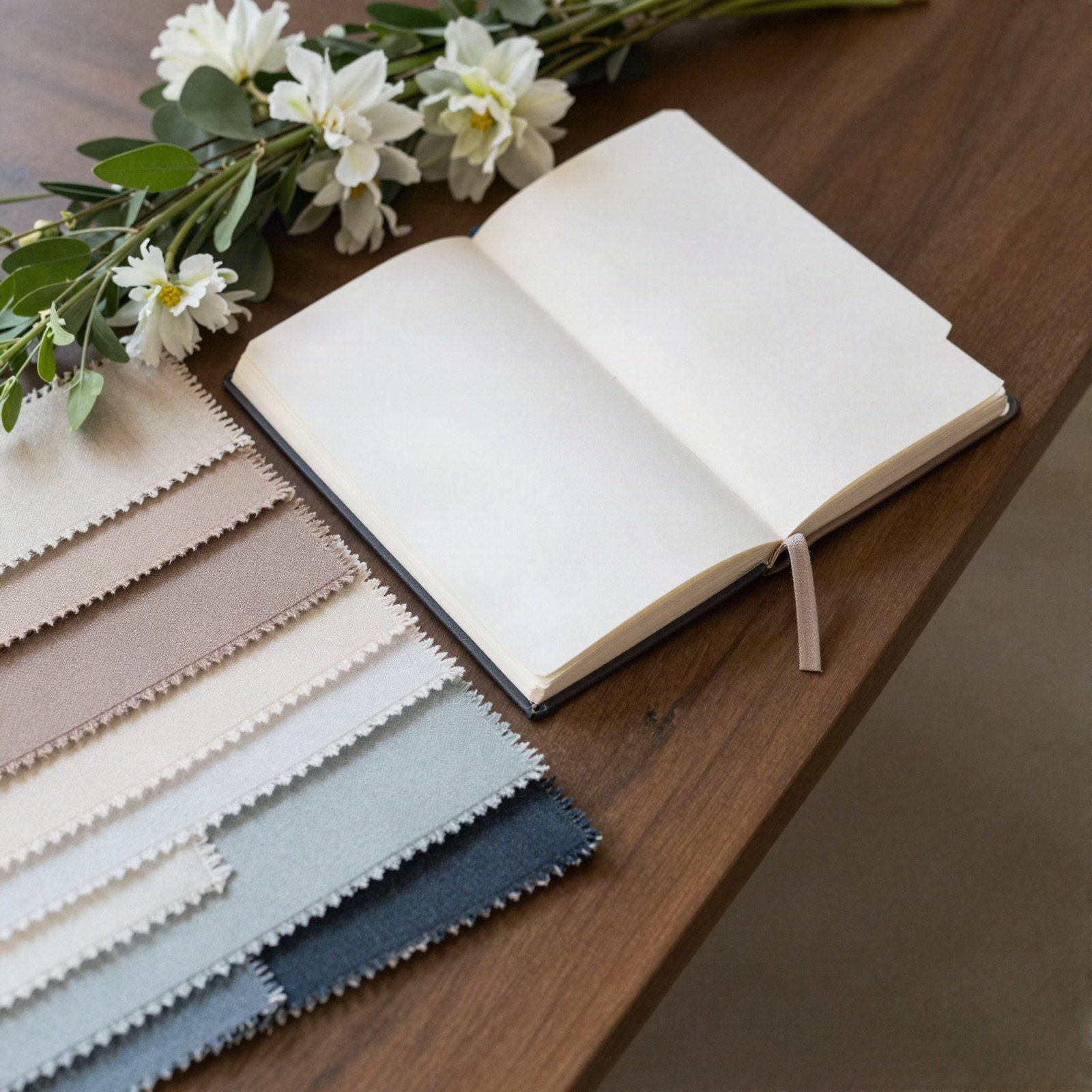 Planner's desk with swatches, flowers and notebook
