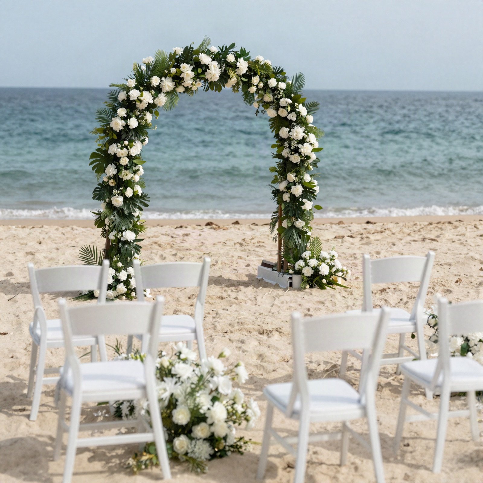 Beach wedding setup with a floral arch