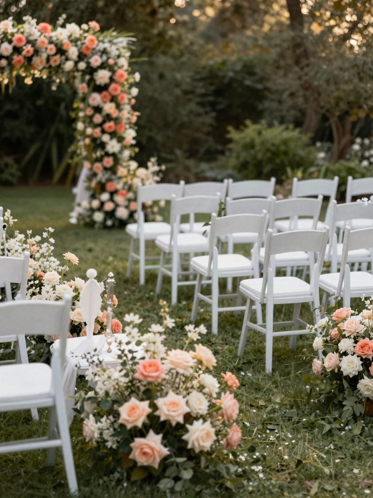 Garden ceremony aisle with white chairs and blush and coral flowers
